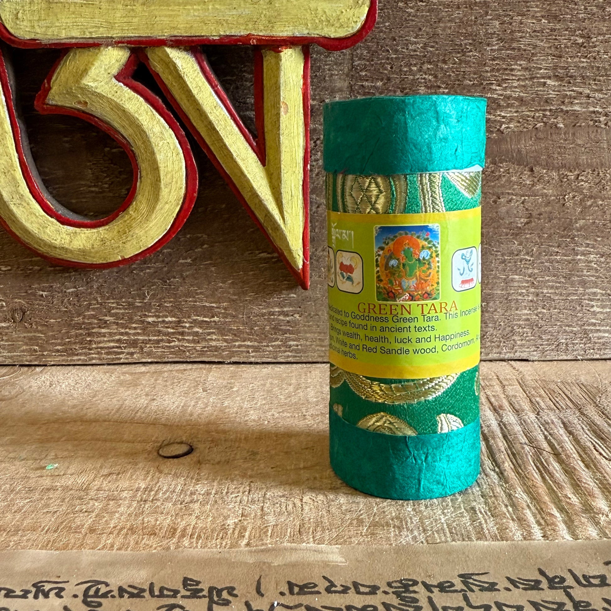 Greetings, gentle heart. This sacred Green Tara Bhutanese Incense is an offering to the compassionate Goddess Green Tara herself. Prepared with devotion following ancient Buddhist texts, this incense invites the blessings of fulfilled wishes, wealth, health, luck, and happiness into your life.

The pure ingredients include Shukpa, fragrant Cinnamon, White and Red Sandalwood, Cardamom, Aru, Baru, Churu, Clove, and many other precious medicinal herbs from the Himalayas. Each stick, approximately 10 cm long, b