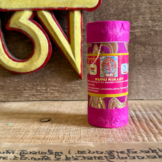 Dear soul on the path, this is the Druk Bhutanese Incense – Kuru Kulley, a sacred blend created in harmony with the ancient scriptures of Bhutan. Following the traditional Buddhist method, this incense has been carefully prepared to support your practice of mindfulness, healing, and devotion.

Kuru Kulley is said to carry the blessings of clarity, calm, and purification. Hand-rolled with reverence by skilled artisans in Nepal, each stick embodies the wisdom of the mountains and the compassion of the Dharma.