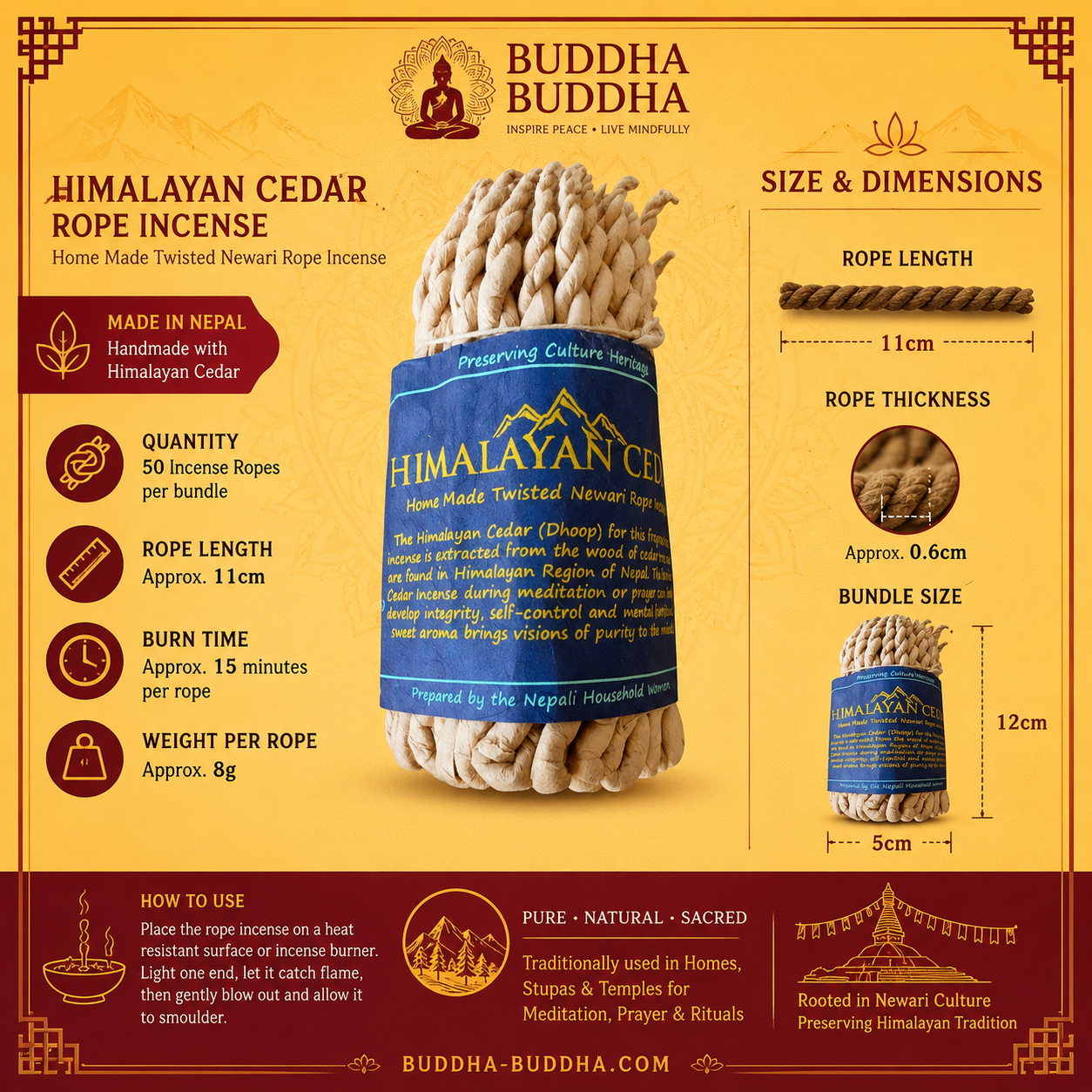 Experience the rich, woody aroma of Pure Herbs Cedar Rope Incense, a traditional Nepali incense handcrafted in the Himalayan region of Nepal. Known locally as Dhup or Newa Dhup, this distinctive rope incense has a long association with Newar culture, where it is traditionally burned in homes, stupas and temples.