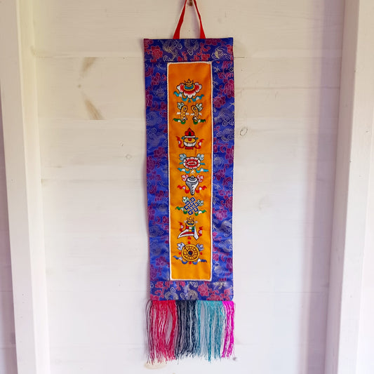 Small Vertical Tashi Tagye Brocade Banner | Wall Hanging