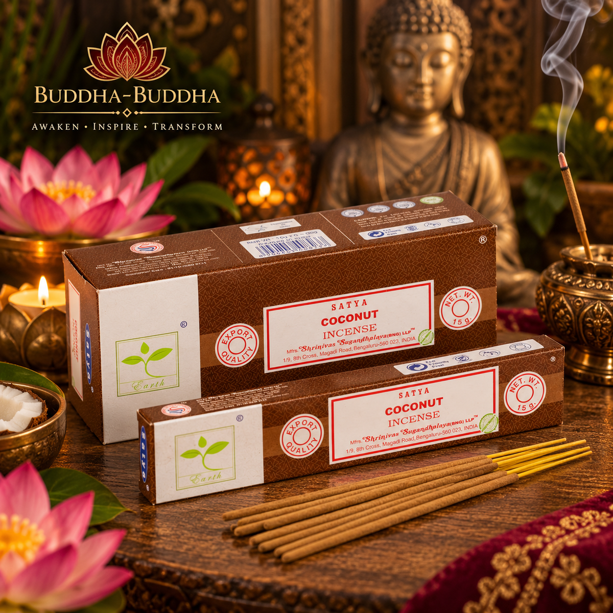 Satya Coconut incense sticks 15g pack with a sweet tropical coconut-inspired fragrance for home, meditation and relaxation.