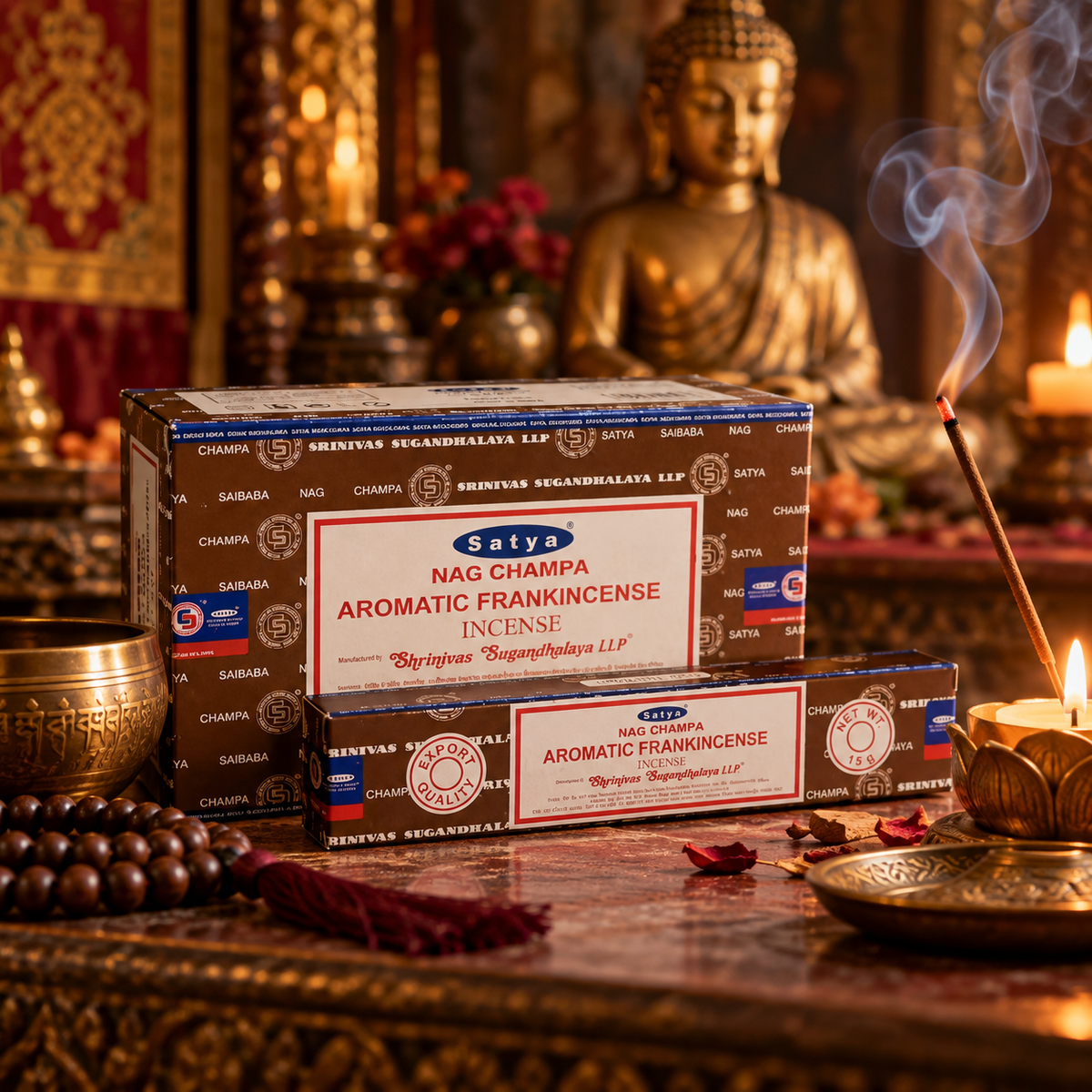 Satya Nag Champa Aromatic Frankincense Incense Sticks, 15g box with approx. 12 sticks. Rich, warm fragrance ideal for meditation and relaxation.