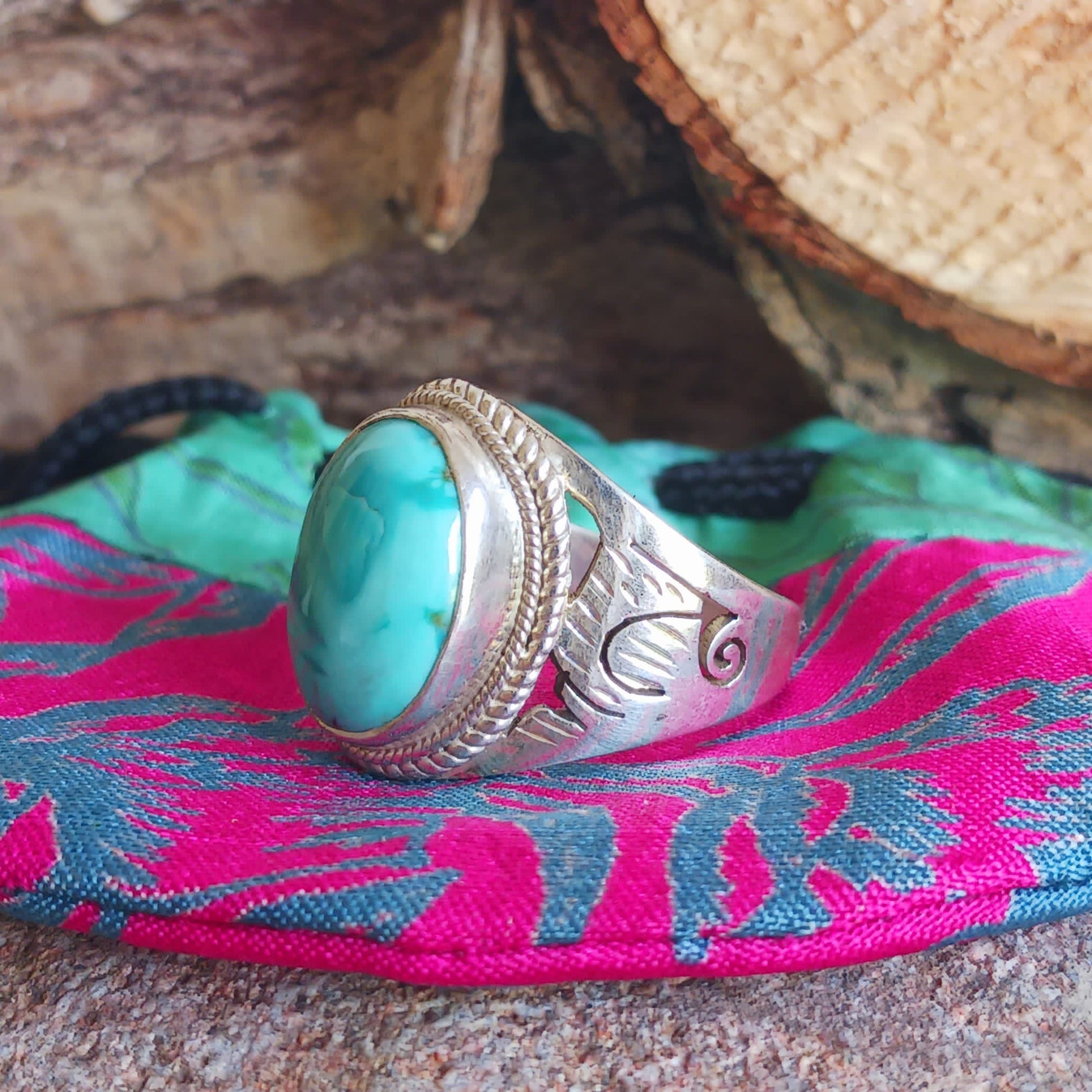 These beautiful decorative Tibetan turquoise rings are hand crafted with Sterling Silver 925 intricate surround design.