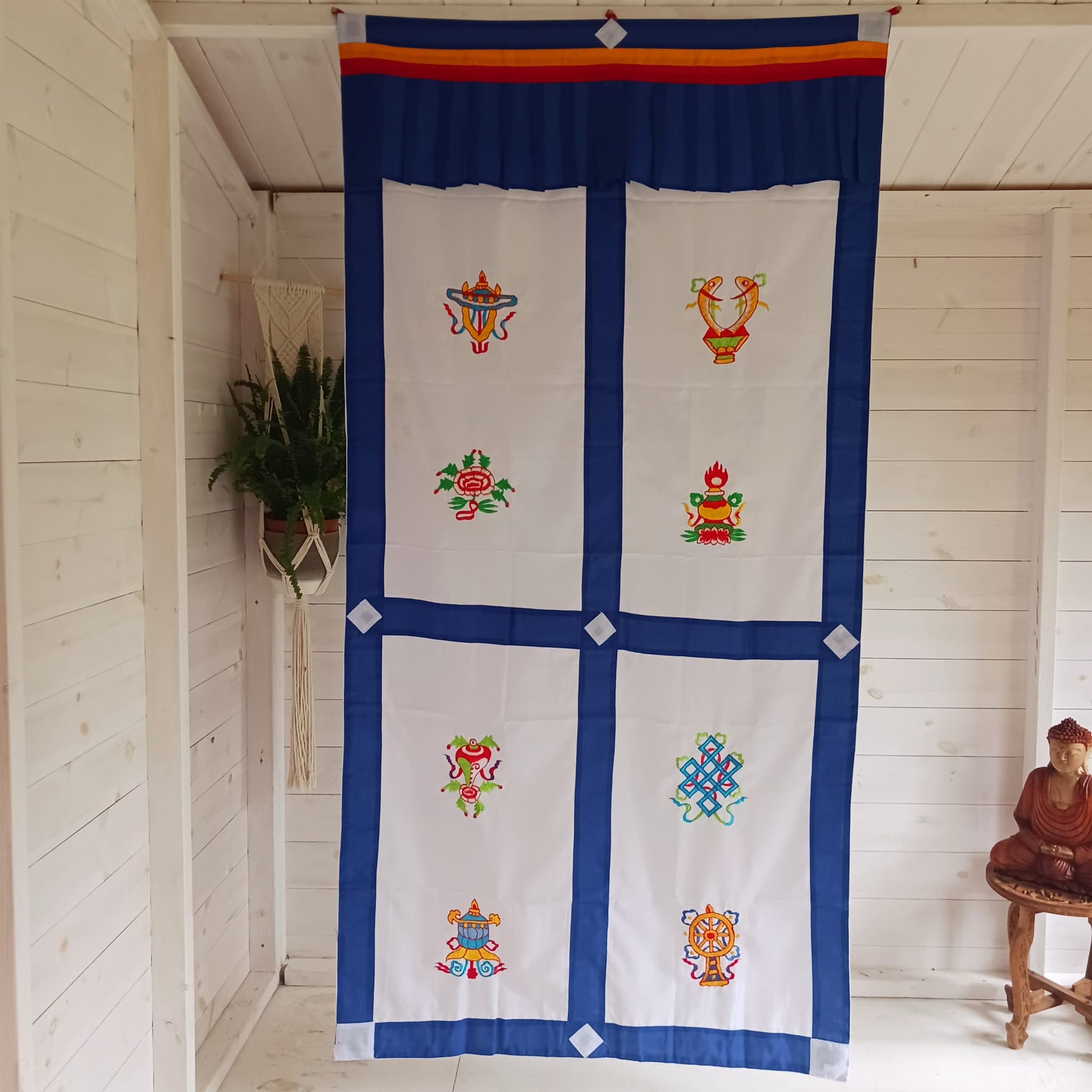 Tibetan Door Curtain | Auspicious Symbols White Blue