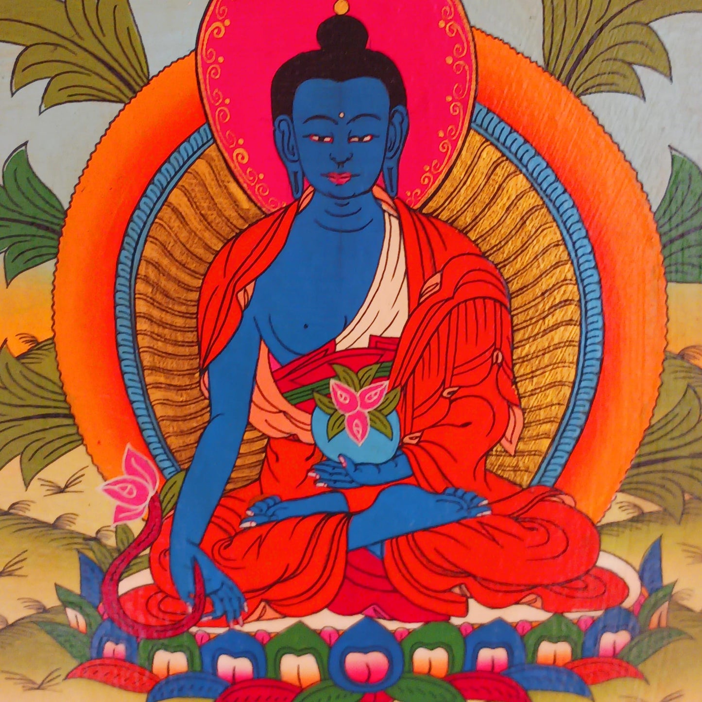 Tibetan Medicine Buddha Painting | Wooden Wall Hanging 41cm x 30cm x 2.5cm
