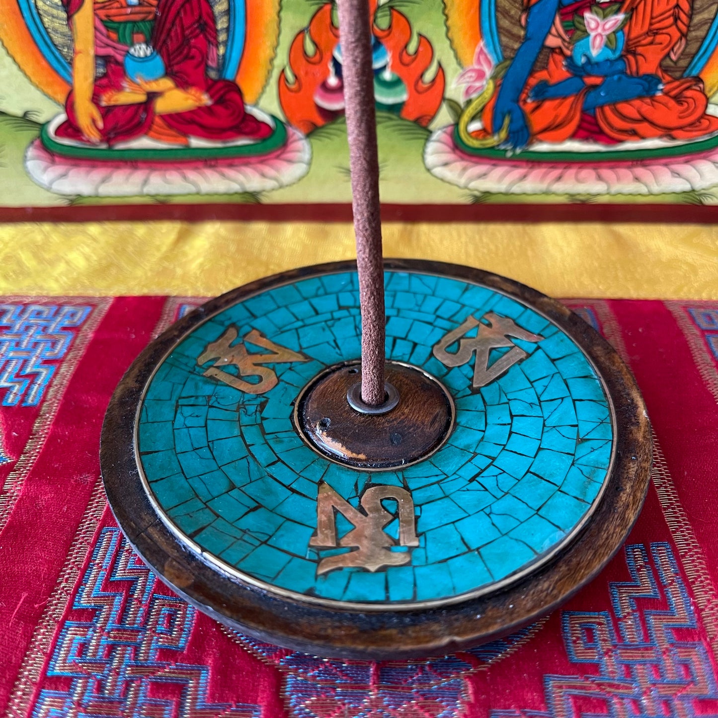 Tibetan Om Wooden Incense Burner Stone Inlay