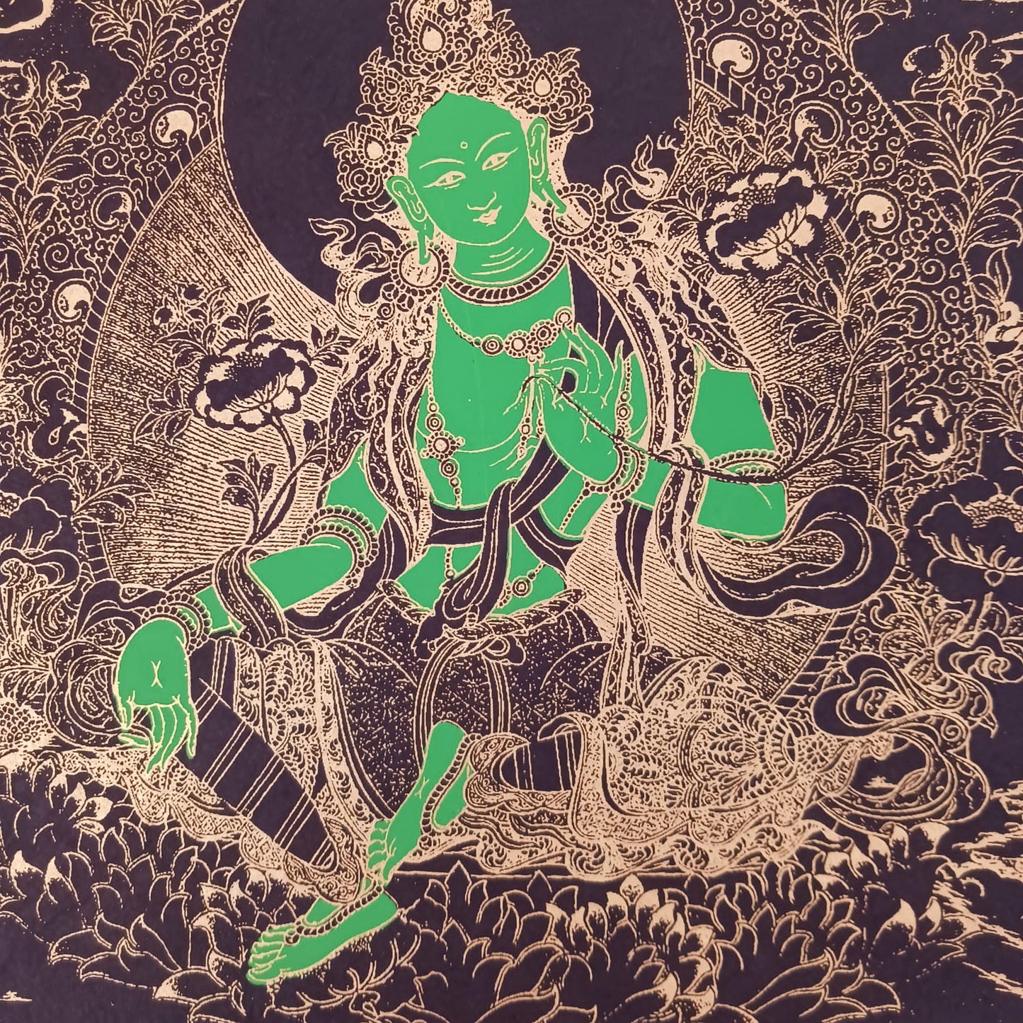 Green Tara Lokta Paper Painting | Gold on Black