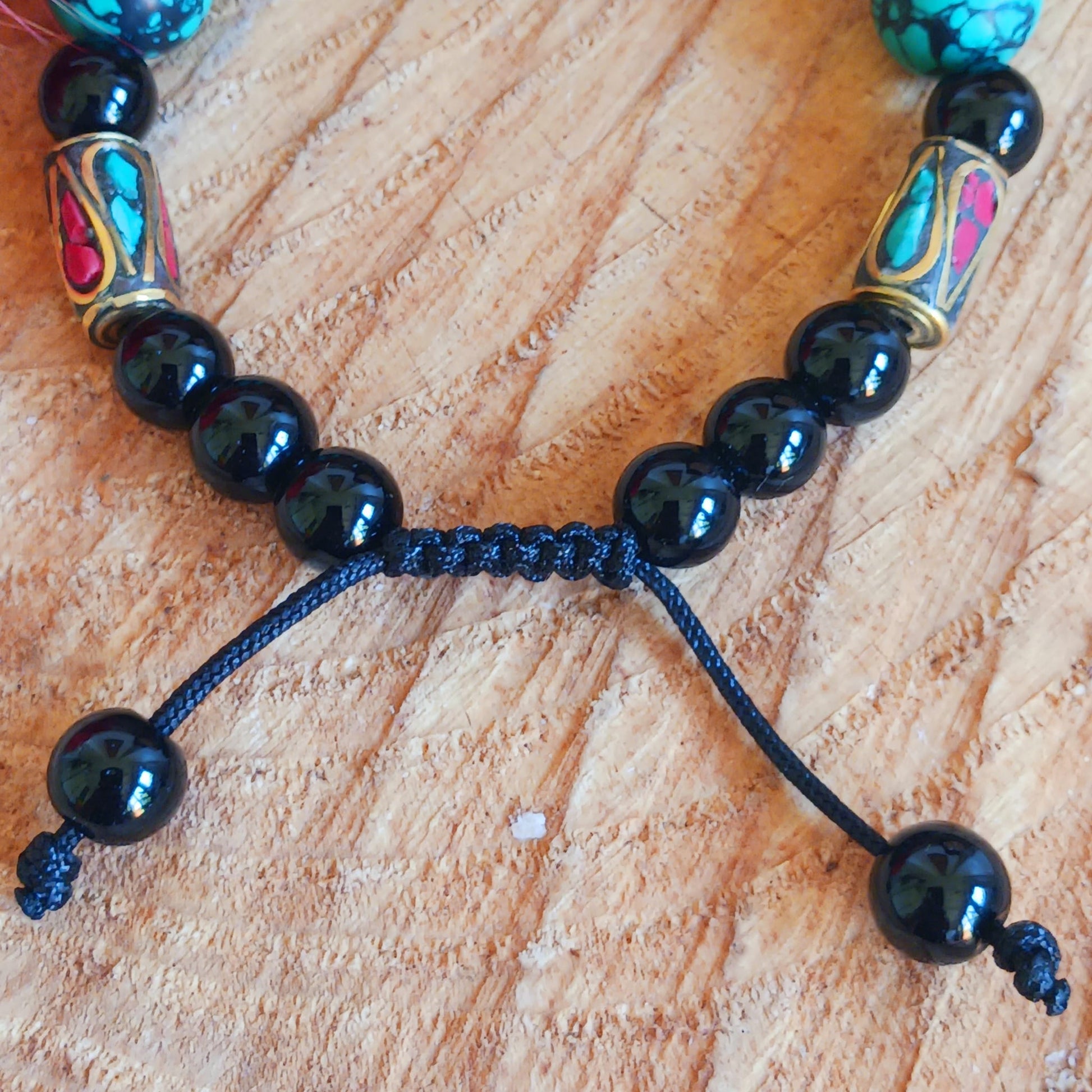 Nepali Bead Bracelet - Turquoise, Coral & Black Agate | Adjustable