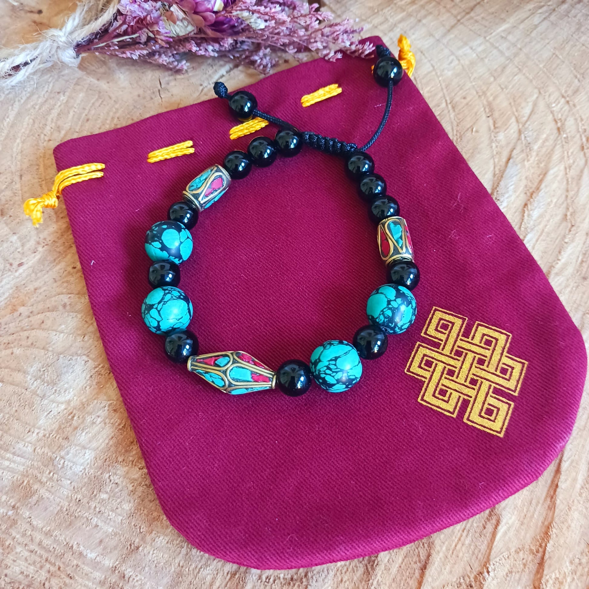 Nepali Bead Bracelet - Turquoise, Coral & Black Agate | Adjustable
