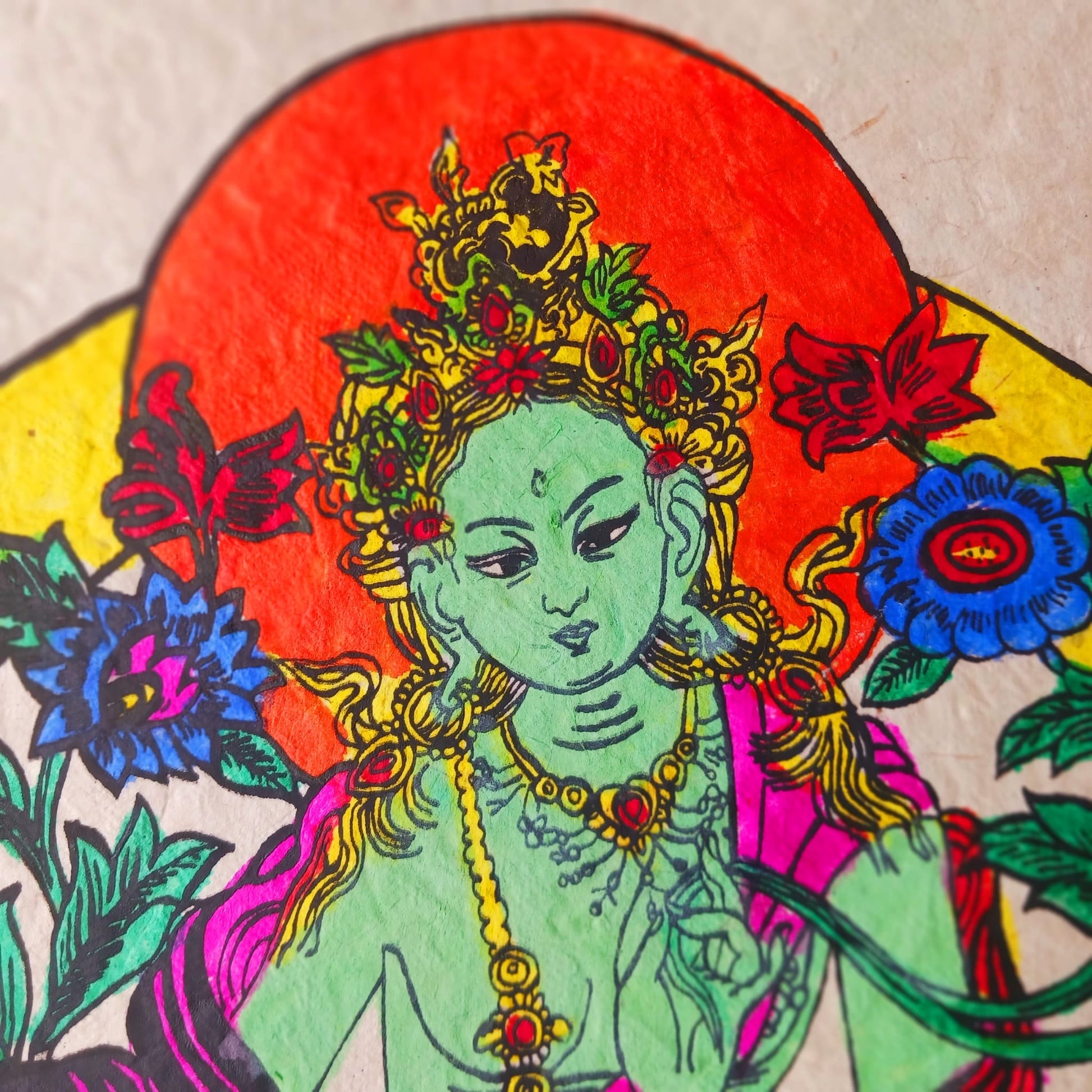 Green Tara Colour Lokta Paper Painting | Poster