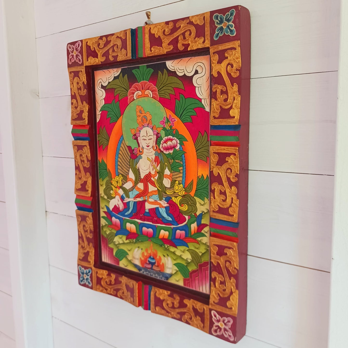 Tibetan White Tara Painting | Wooden Wall Hanging 41cm x 30cm x 2.5cm