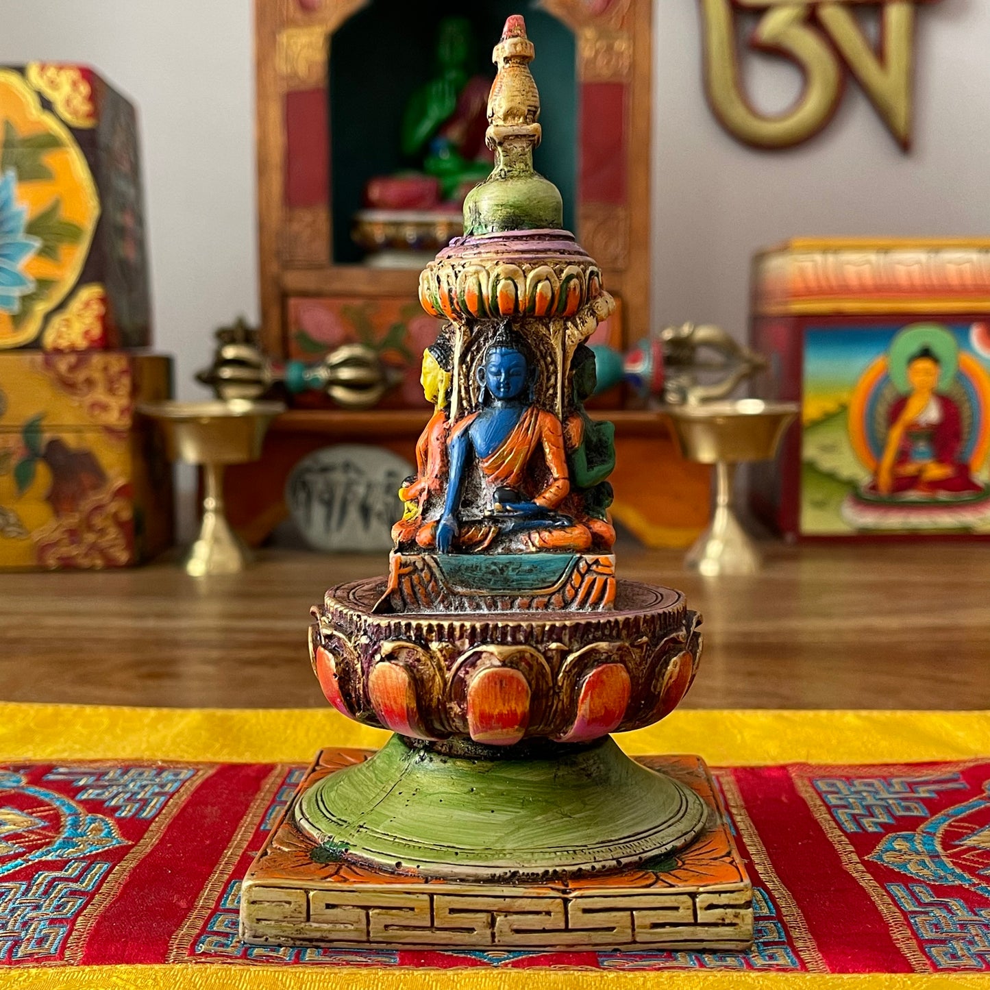 Hand Painted Meditating Buddha Resin Stupa