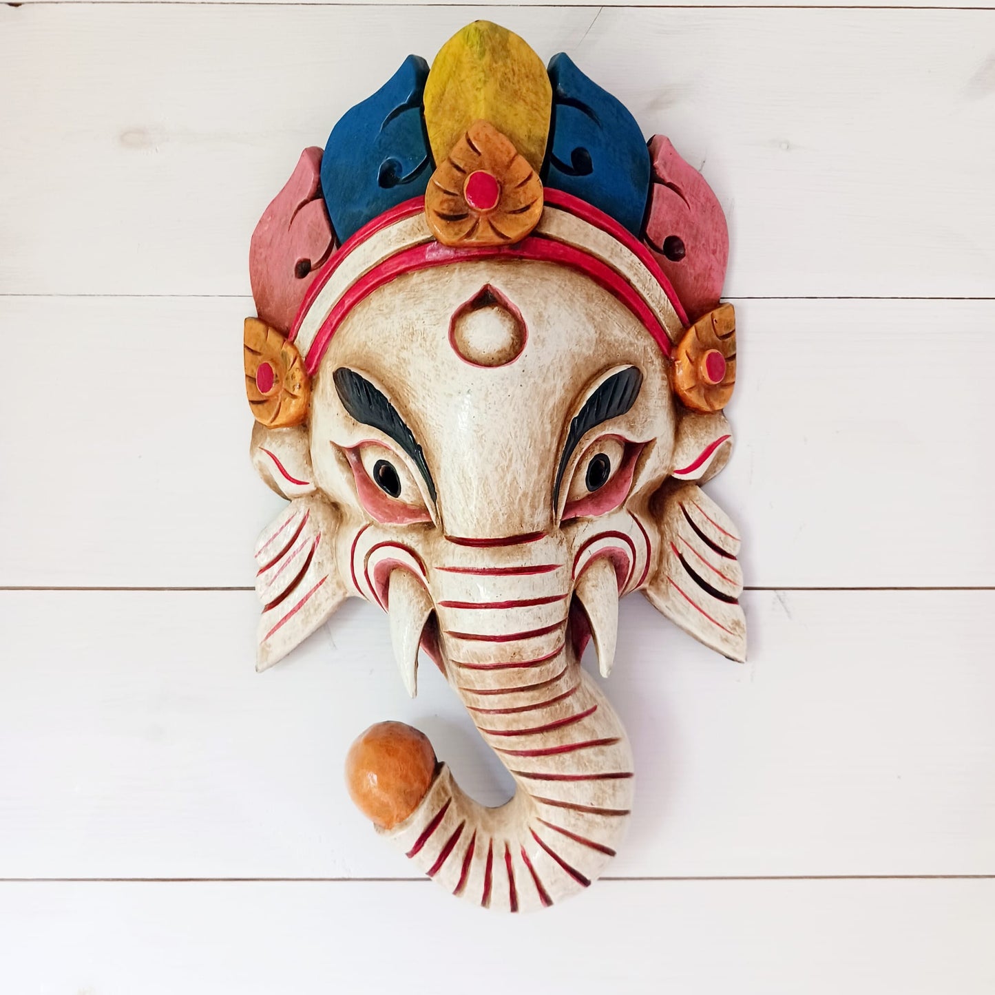 Hand Carved Ganesh Wooden Mask | Wall Hanging | White