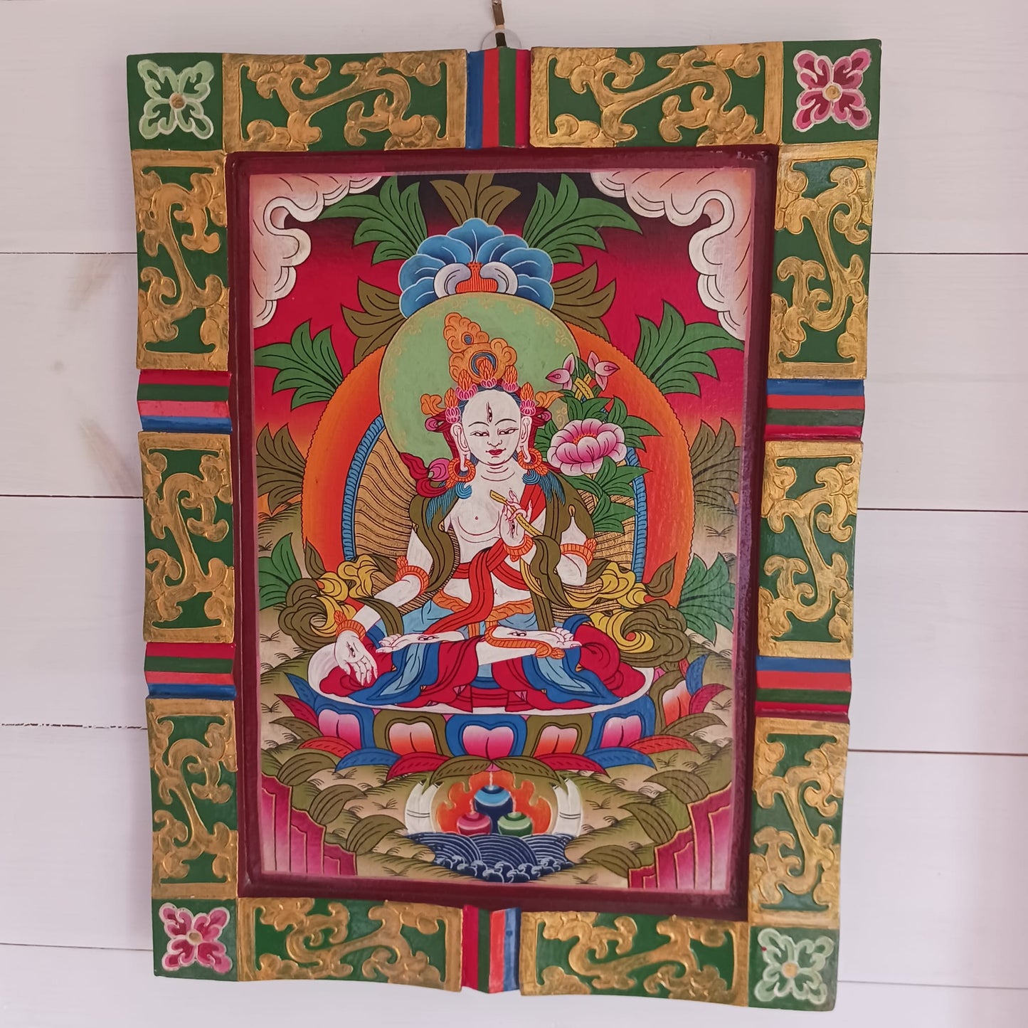 Tibetan White Tara Painting | Wooden Wall Hanging