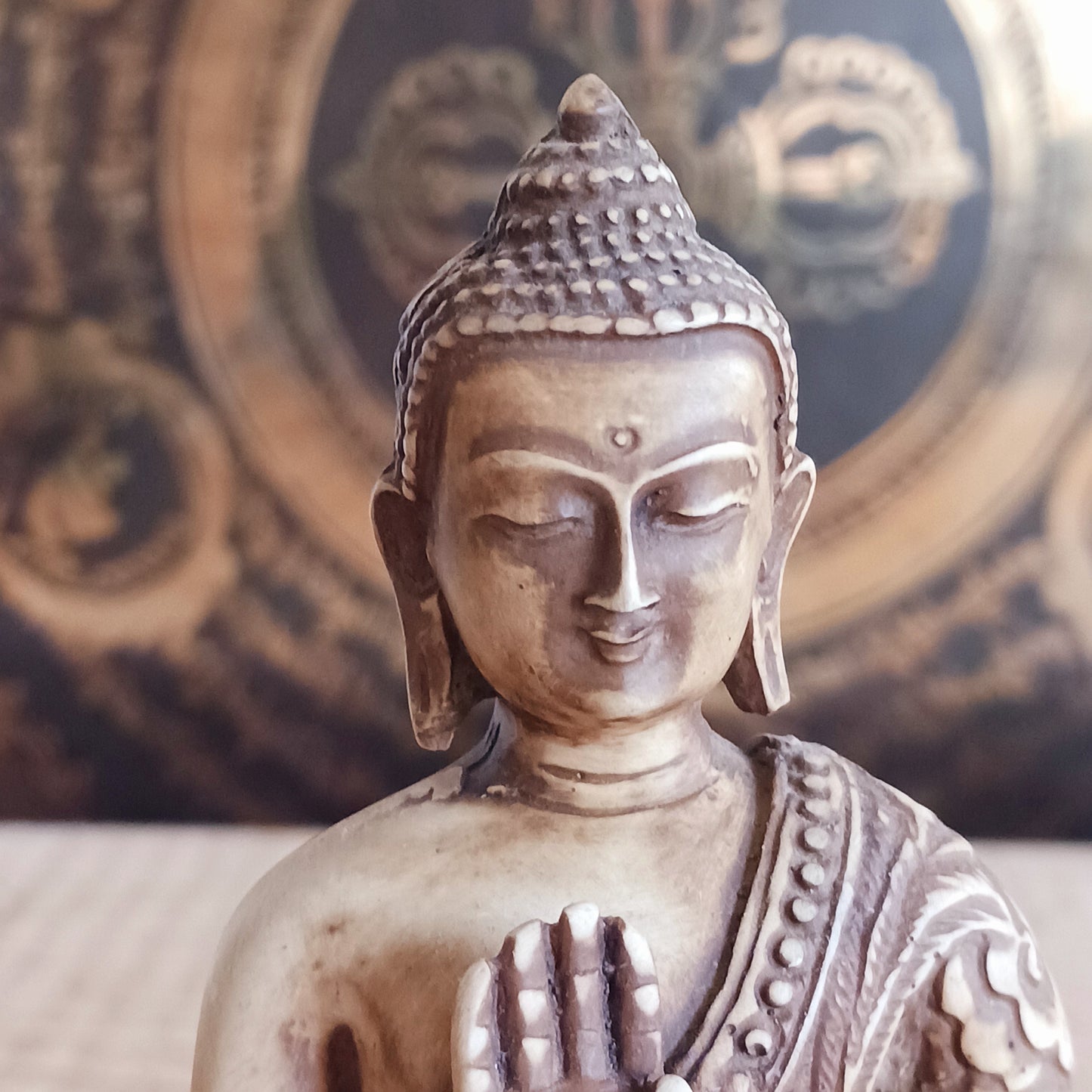 Bring serenity and protection into your space with this exquisite Buddha Amogasiddhi statue. Handcrafted with intricate detailing, this statue represents one of the Five Dhyani Buddhas, embodying the Wisdom of Unfailing Accomplishment.