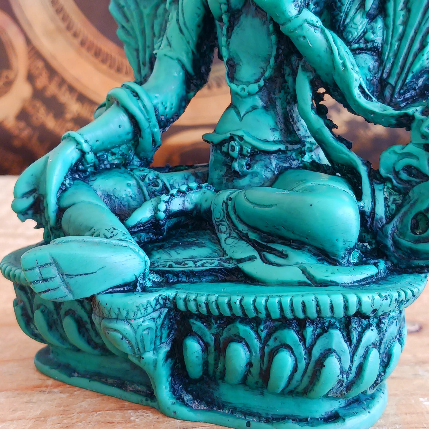 Bold green resin Green Tara statue with symbolic mudras. A powerful spiritual accent for home, altar, or gift.