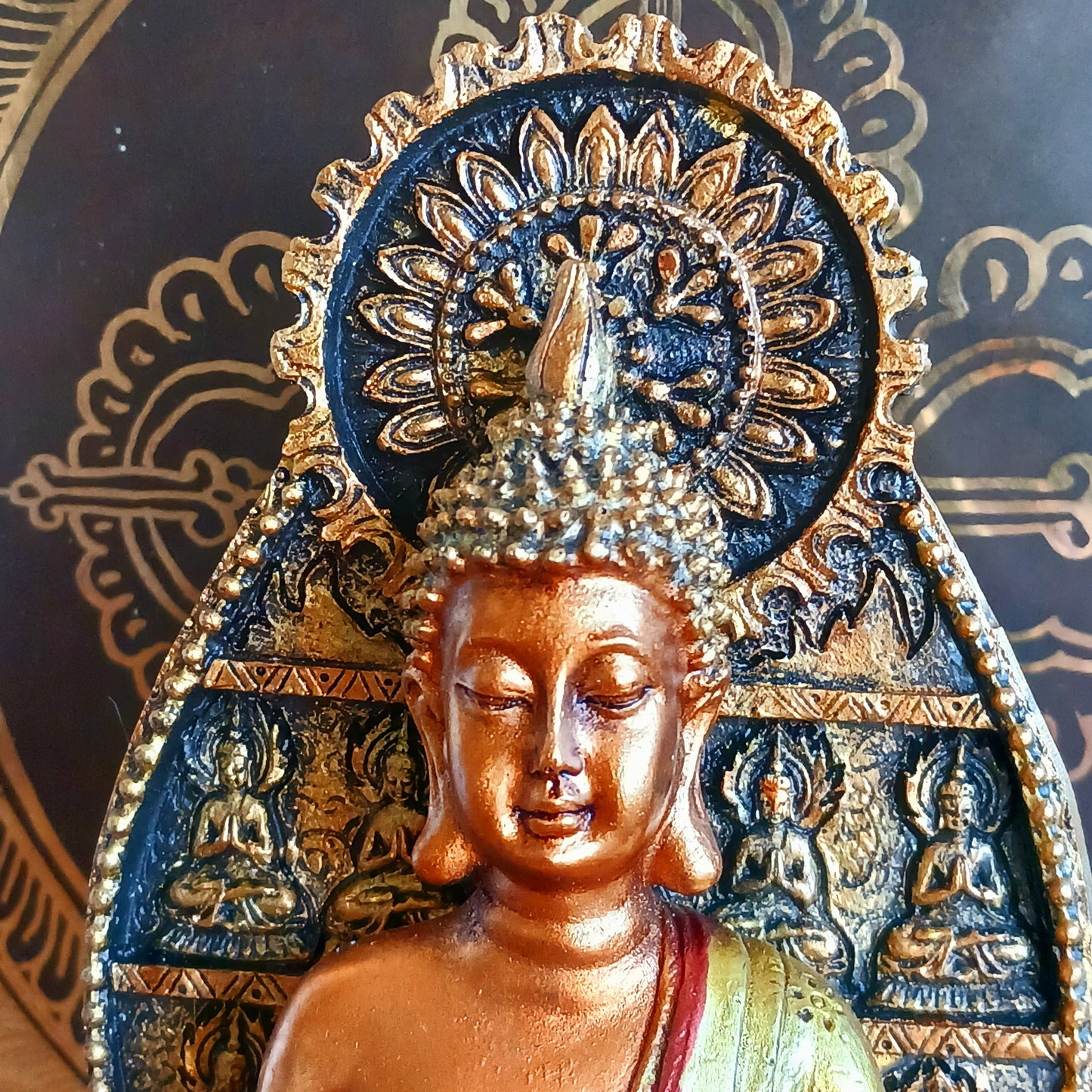 This finely detailed statue depicts the Historical Buddha Shakyamuni in the revered Bhumisparsha Mudra, the iconic earth-touching hand gesture symbolizing the moment of enlightenment.