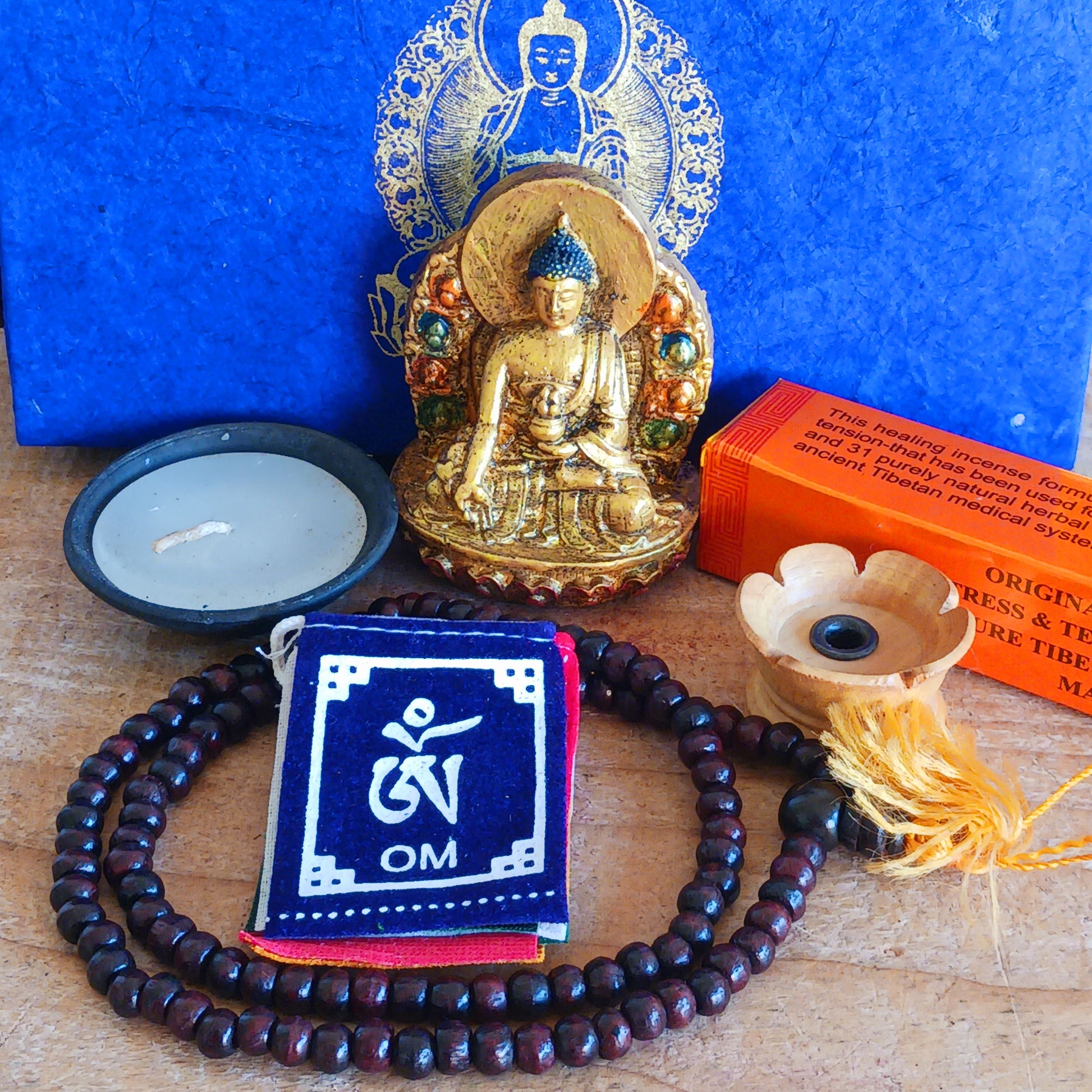 Elevate your meditation and Puja practice wherever your journey takes you. This Handmade Nepalese Buddhist Travelling Altar Set provides a complete, compact sacred space for spiritual grounding on the road or away from home.