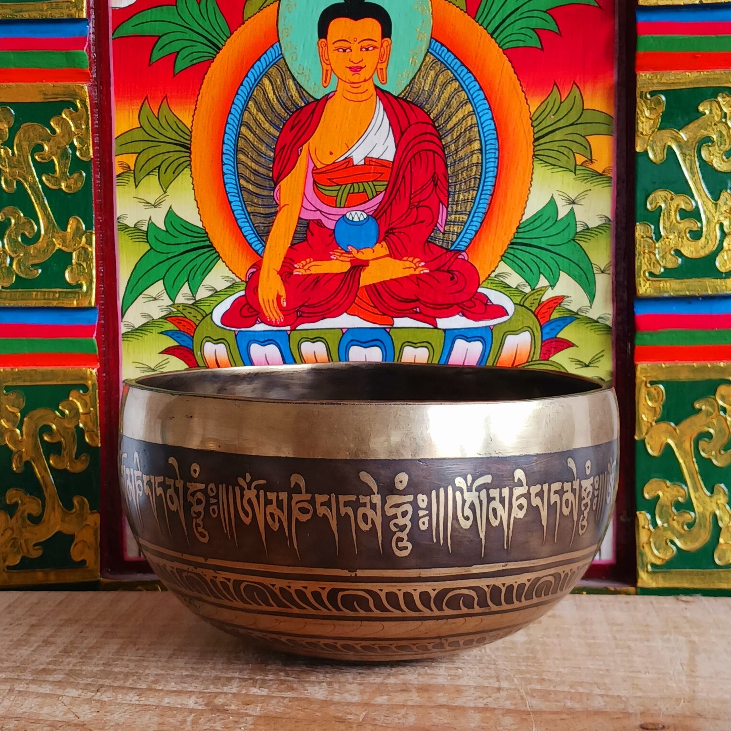 This beautifully crafted Tibetan Singing Bowl is machine made and delicately etched with the sacred Om Mantra, symbolizing universal connection and inner peace. Each bowl is unique in its artistry and design. Traditionally used for meditation and healing, singing bowls help restore harmony between body, mind, and soul.