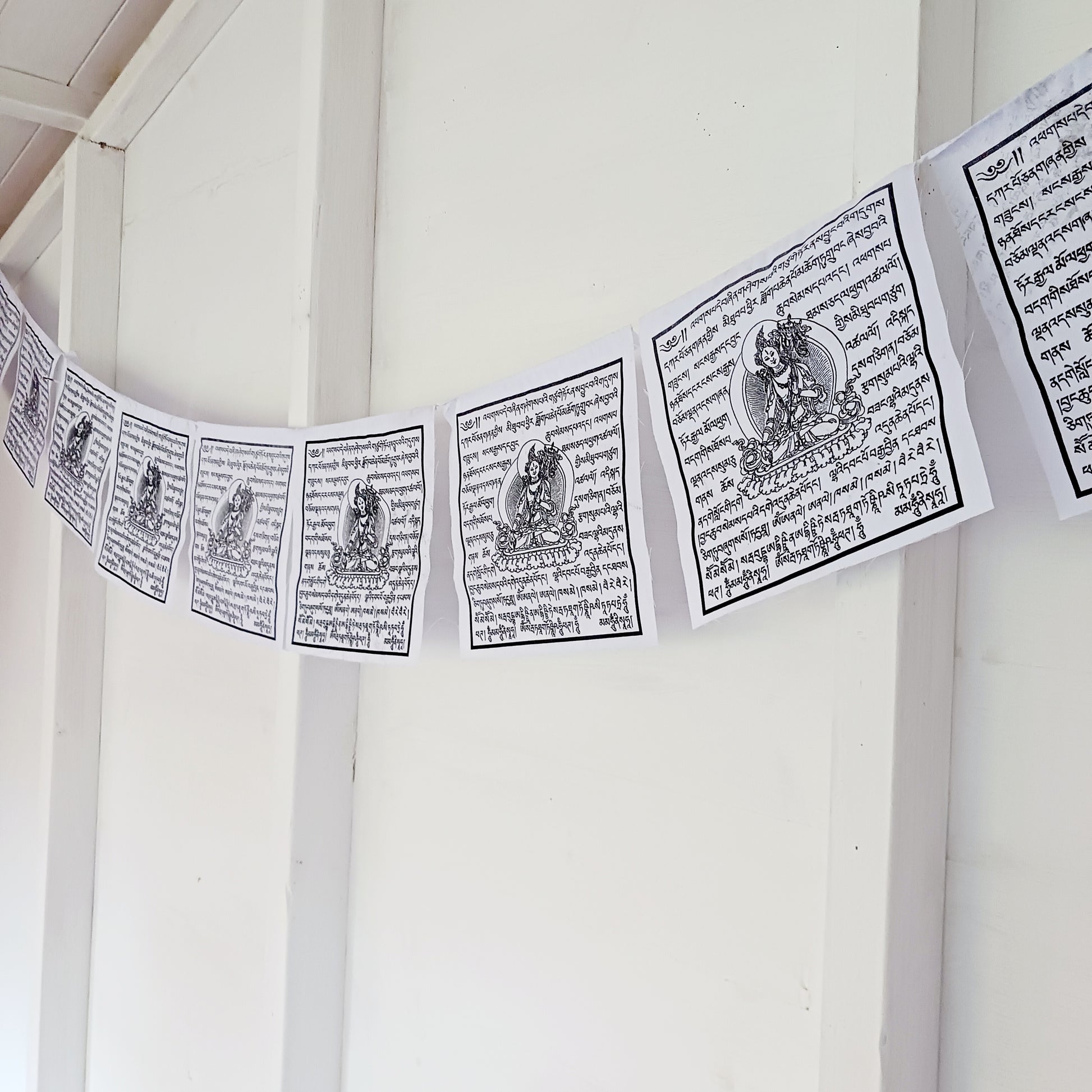 Experience the soothing and healing energy of White Tara with our White Tara Mantra Prayer Flags. Each flag features the sacred White Tara mantra, invoking compassion, healing, and spiritual well-being. Hang them in your home, meditation space, or garden, and let the gentle flutter of the flags carry the transformative vibrations of White Tara, spreading blessings and positive energy.