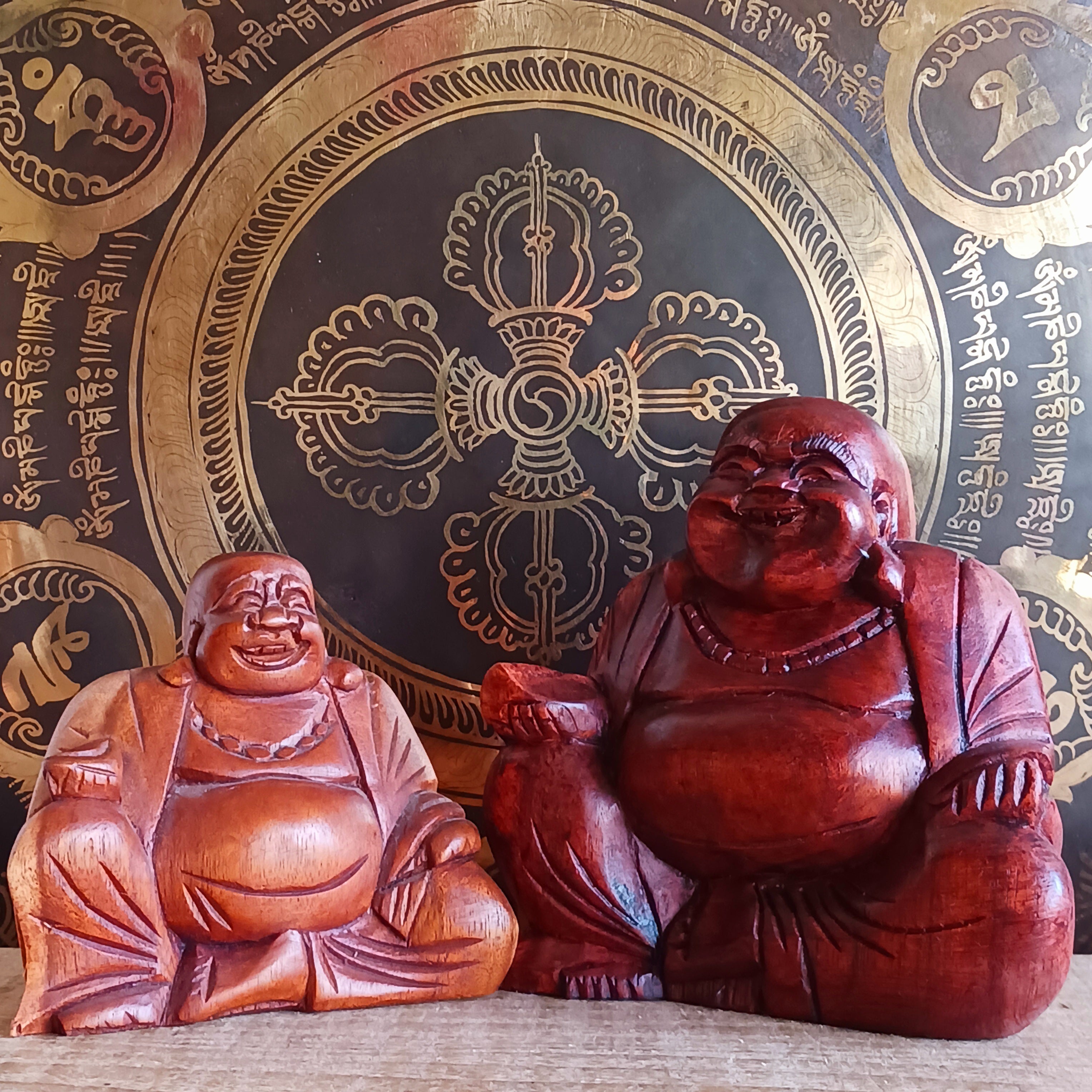 Hand-Carved Laughing Buddha Statue – Raintree Wood Art for