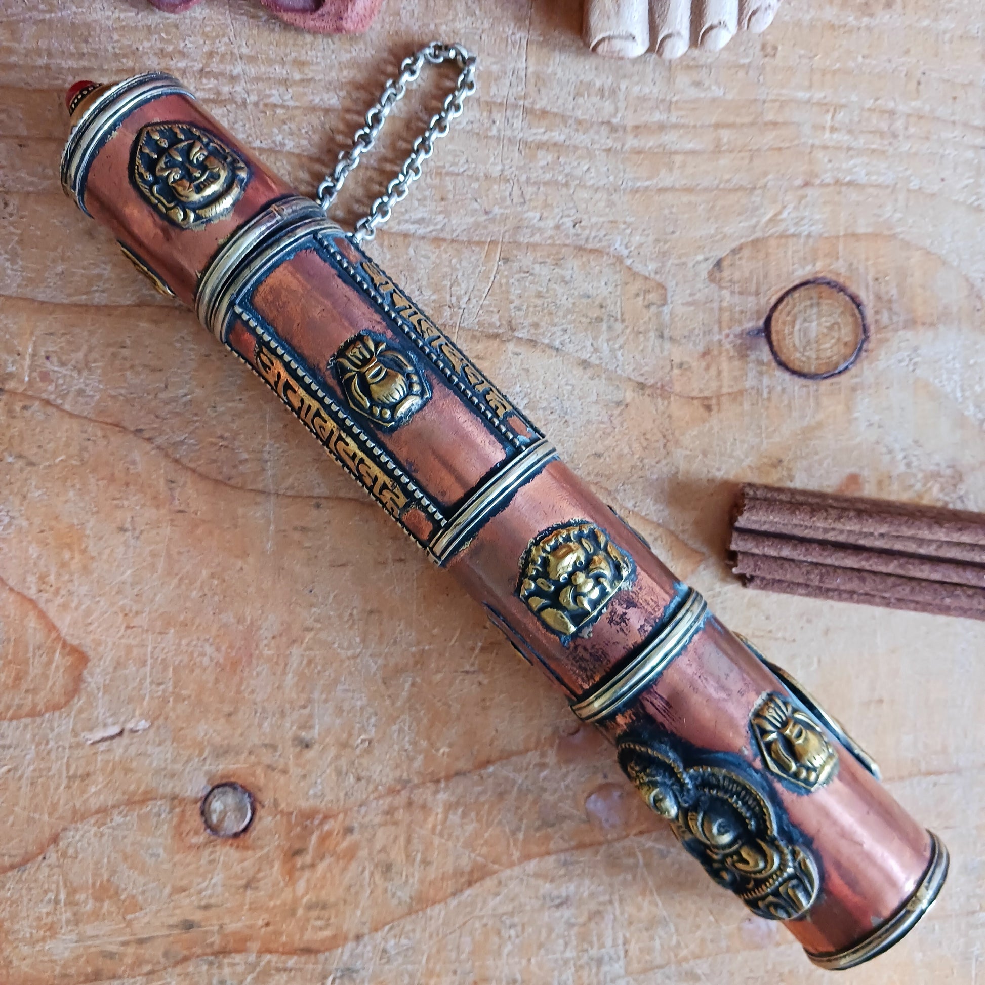 Elevate your sacred space with this hand-crafted Ritual Incense Holder, beautifully designed to store and display your incense with intention. Each piece is meticulously handmade and decorated with brass and copper Buddha detailing, offering a serene and artistic touch to your altar, meditation room, or home.