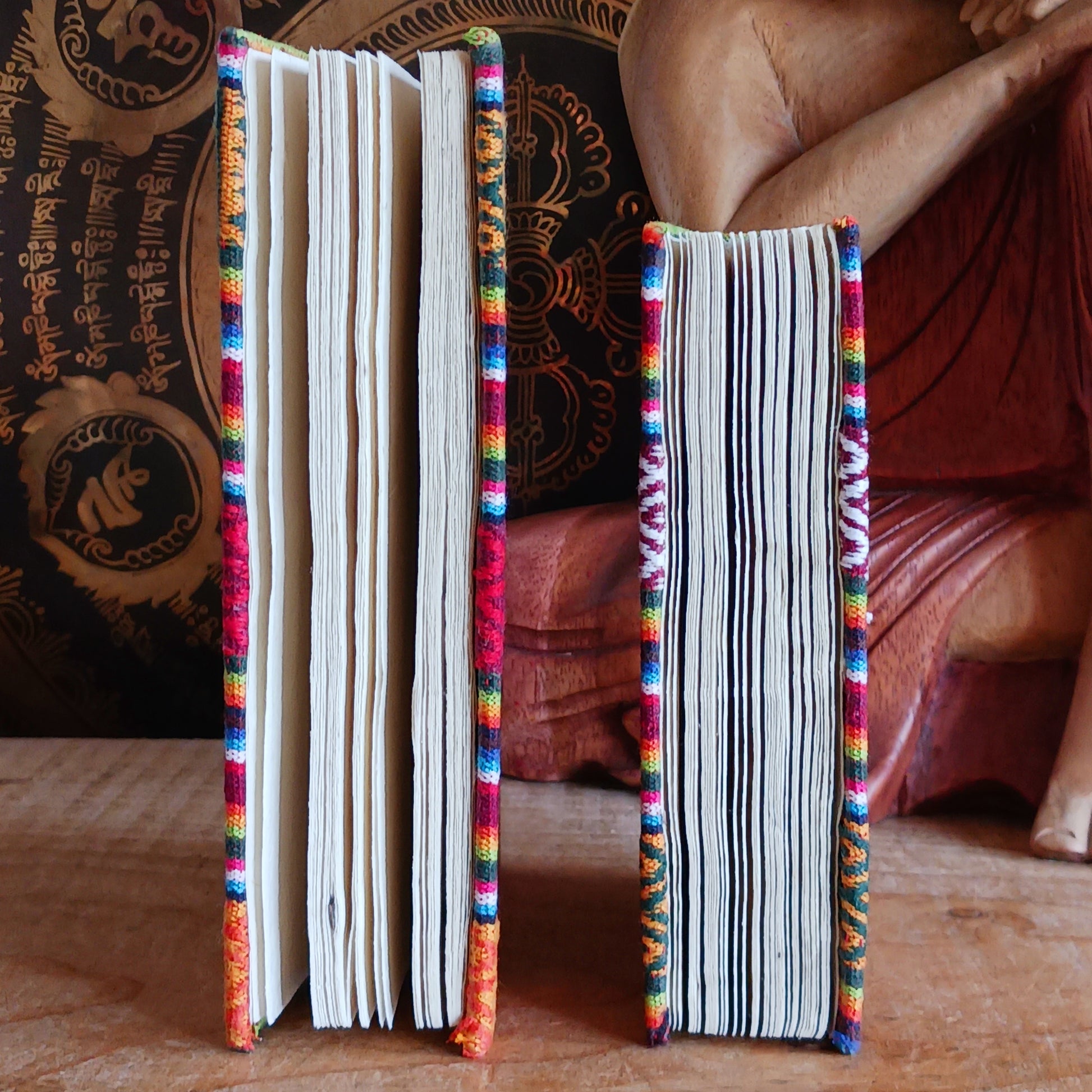 These beautifully handmade note books have a traditional Bhutani hard back cotton cover and pages inside made from Lokta paper. The "Lokta" paper is made of Daphne paper, hand made using a traditional method without involving any mechanical equipment, and no chemicals are used.