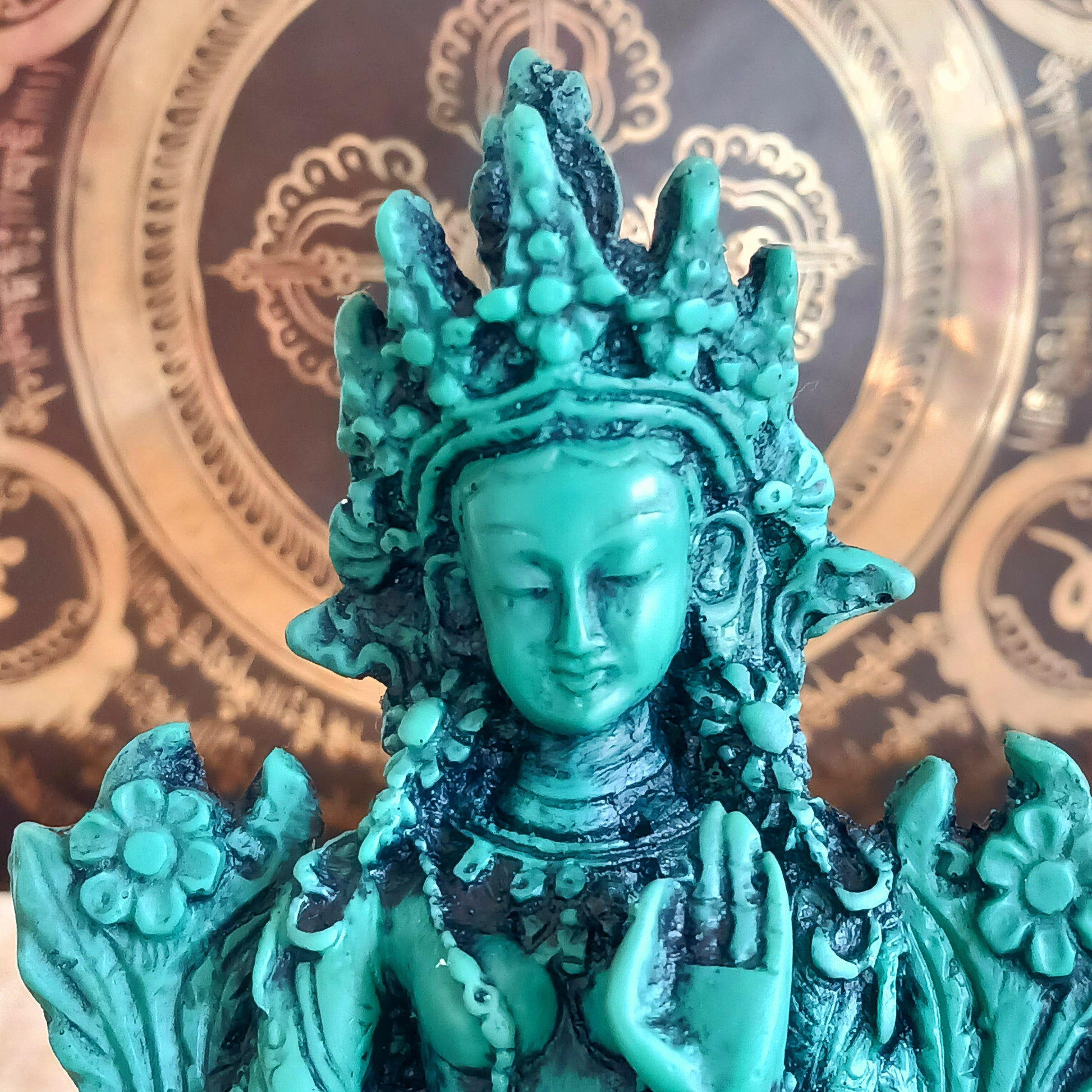 Bold green resin Green Tara statue with symbolic mudras. A powerful spiritual accent for home, altar, or gift.