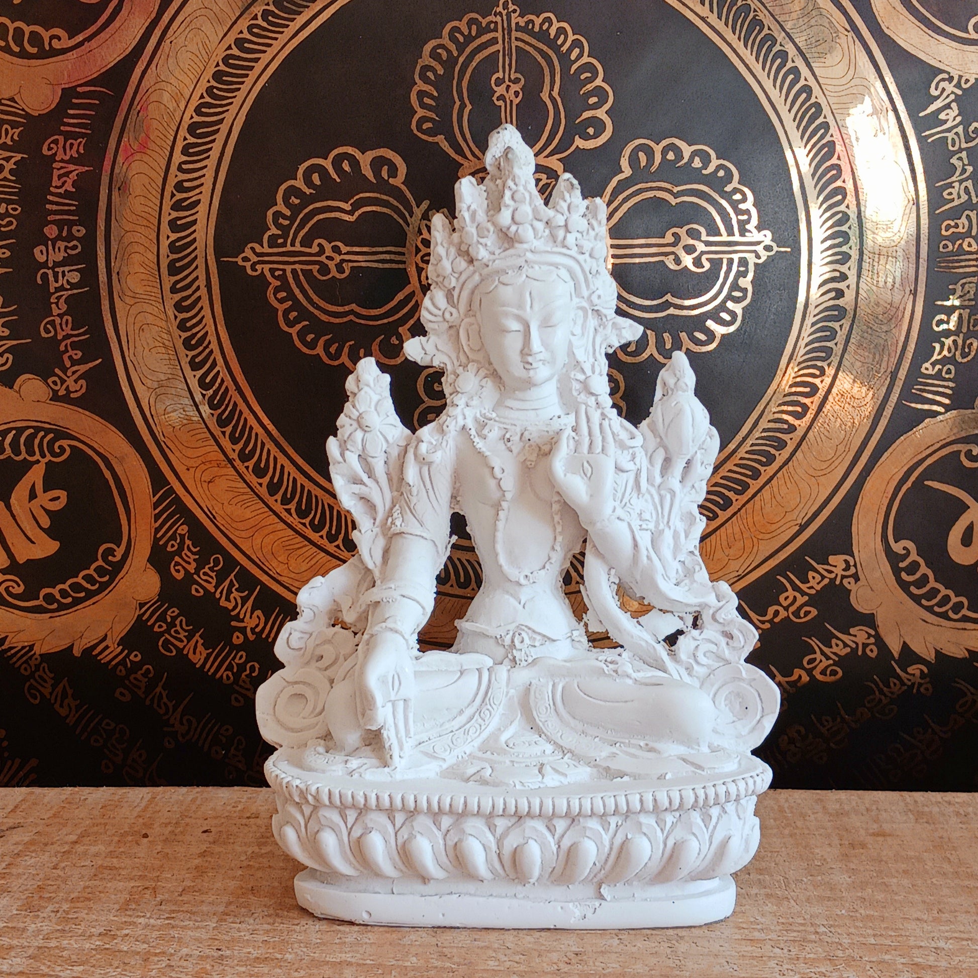 White Tara statue handcrafted in Nepal. A serene symbol of compassion, healing, and long life. Perfect for your altar, home, or spiritual gifts.