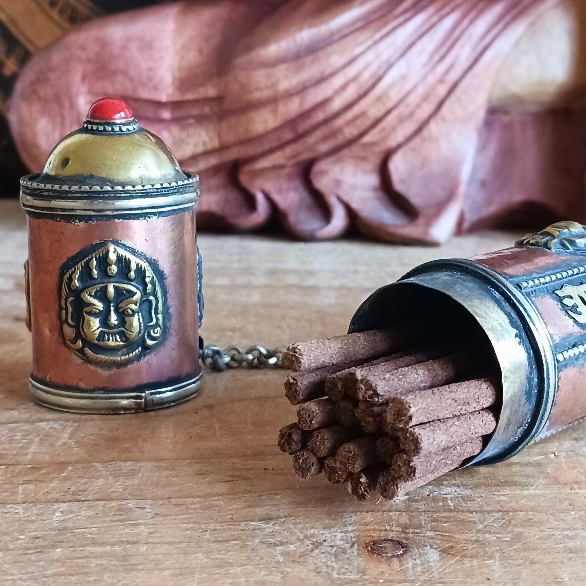 Elevate your sacred space with this hand-crafted Ritual Incense Holder, beautifully designed to store and display your incense with intention. Each piece is meticulously handmade and decorated with brass and copper Buddha detailing, offering a serene and artistic touch to your altar, meditation room, or home.