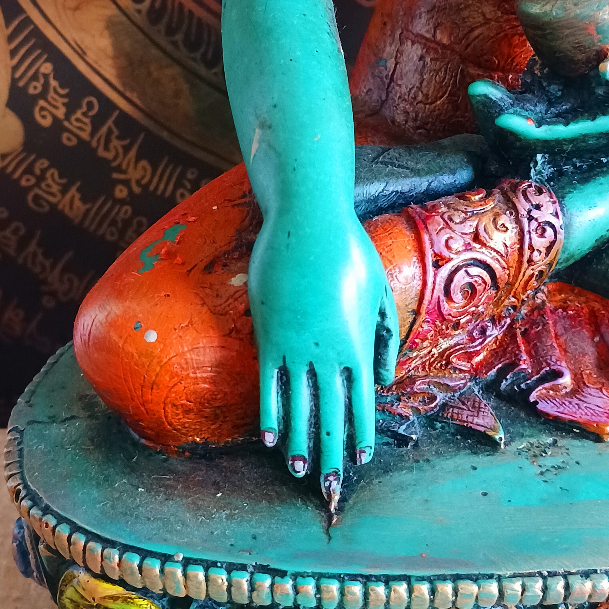 This exquisite large statue of Shakyamuni Buddha has been meticulously hand-painted using traditional thangka colours, preserving an ancient artistic lineage. Each brushstroke reflects the time-honoured process of colouring sacred imagery exactly as described in classical Buddhist teachings.