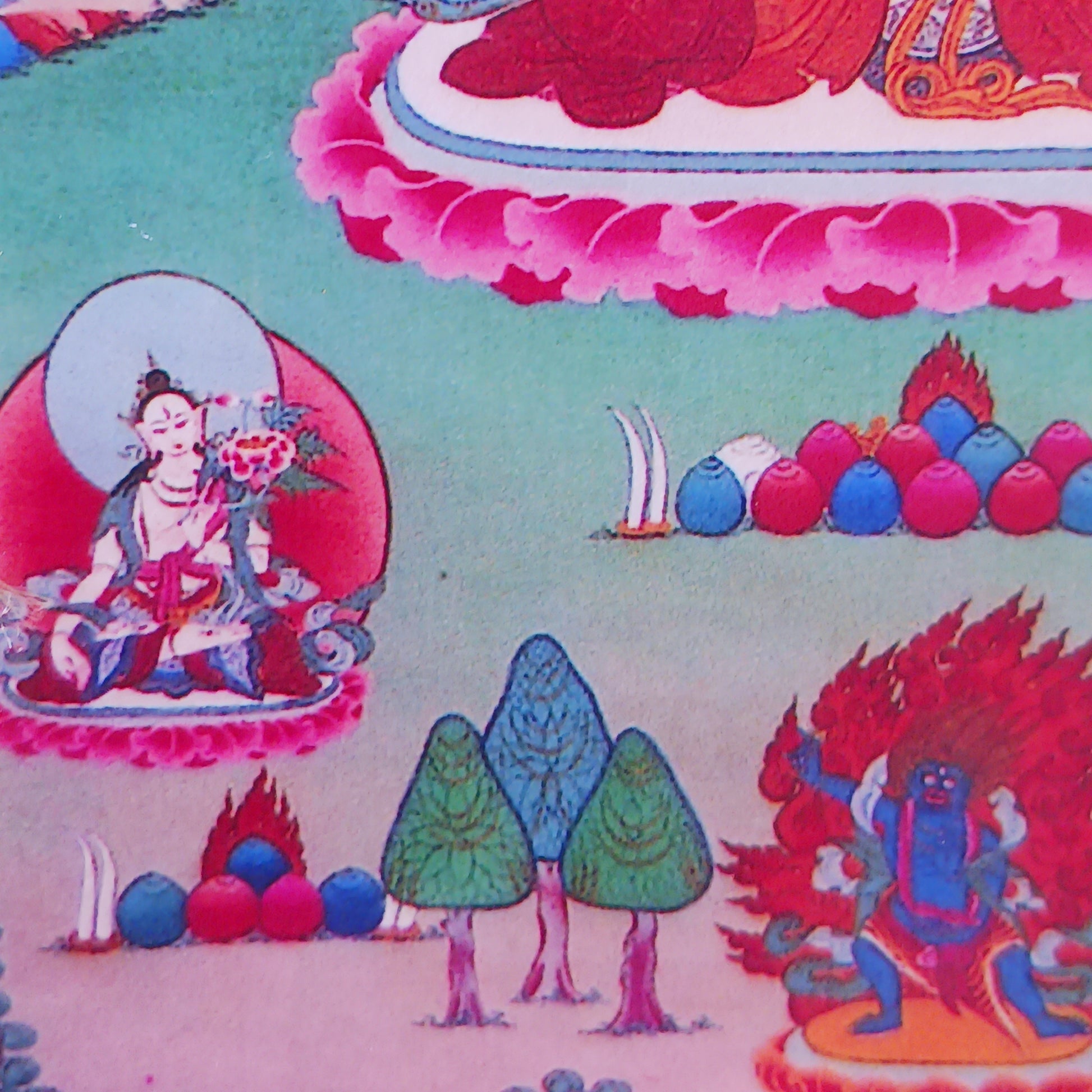 Shop this small Chenrezig thangka with silk brocade frame – a sacred image of Avalokiteshvara, the Bodhisattva of Compassion. Perfect for altars or gifting.