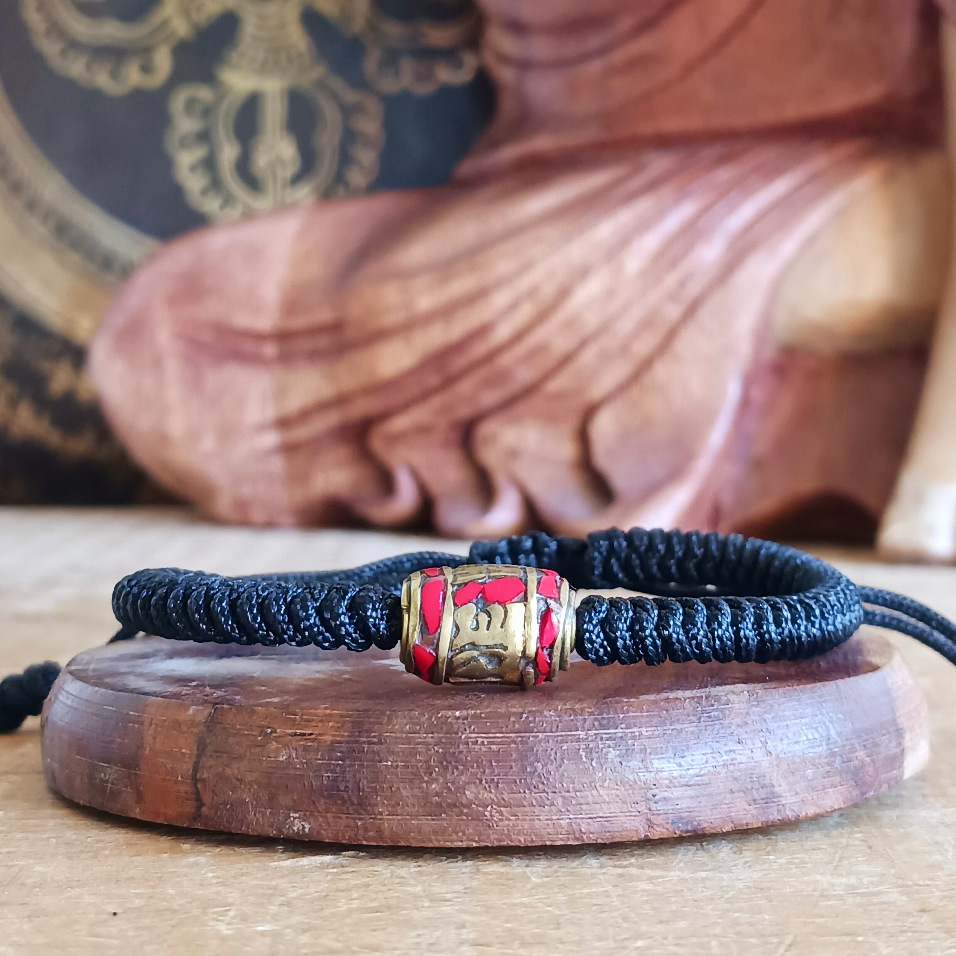 Tibetan Mantra Rope Bracelet with Coral Prayer Wheel | Handcrafted ...