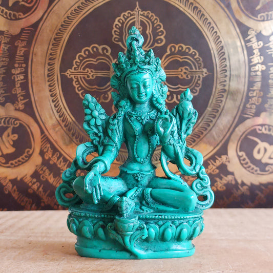 Green Tara resin statue 12cm. Buddhist goddess of compassion and protection, ideal for meditation, altar use, and spiritual practice.