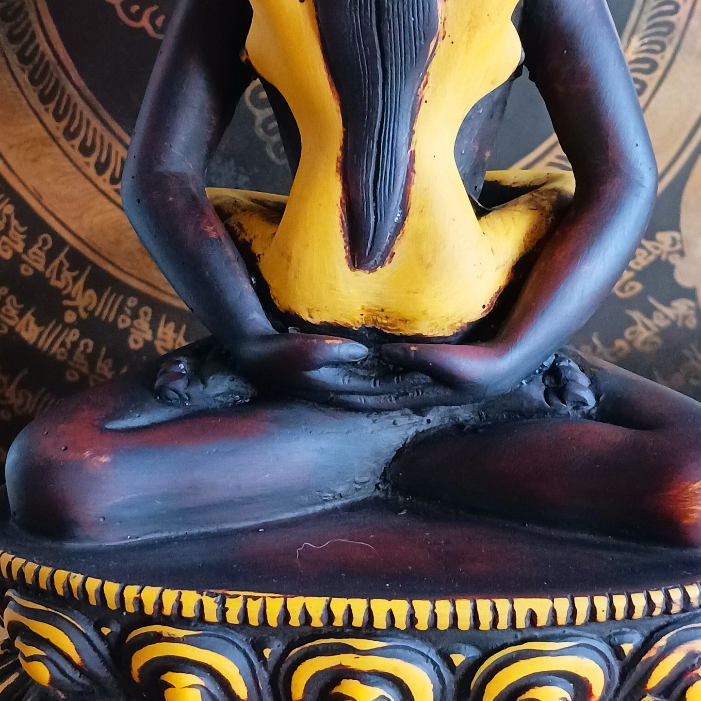 Discover a uniquely crafted Buddha and Shakti Embracing Statue, cast in high-quality resin and hand-painted in rich maroon and yellow tones. Sculpted by skilled Nepalese artisans, this extraordinary piece portrays the sacred union of Samantabhadra and his consort—a symbolic representation of harmony, balance, and the inseparable connection between wisdom and compassion.