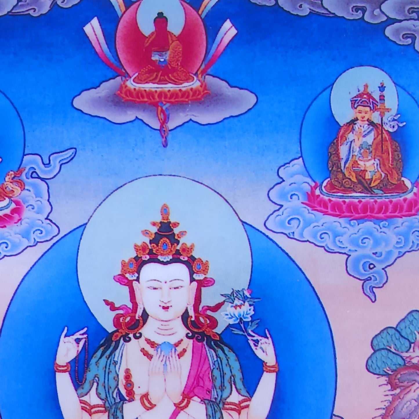 Shop this small Chenrezig thangka with silk brocade frame – a sacred image of Avalokiteshvara, the Bodhisattva of Compassion. Perfect for altars or gifting.