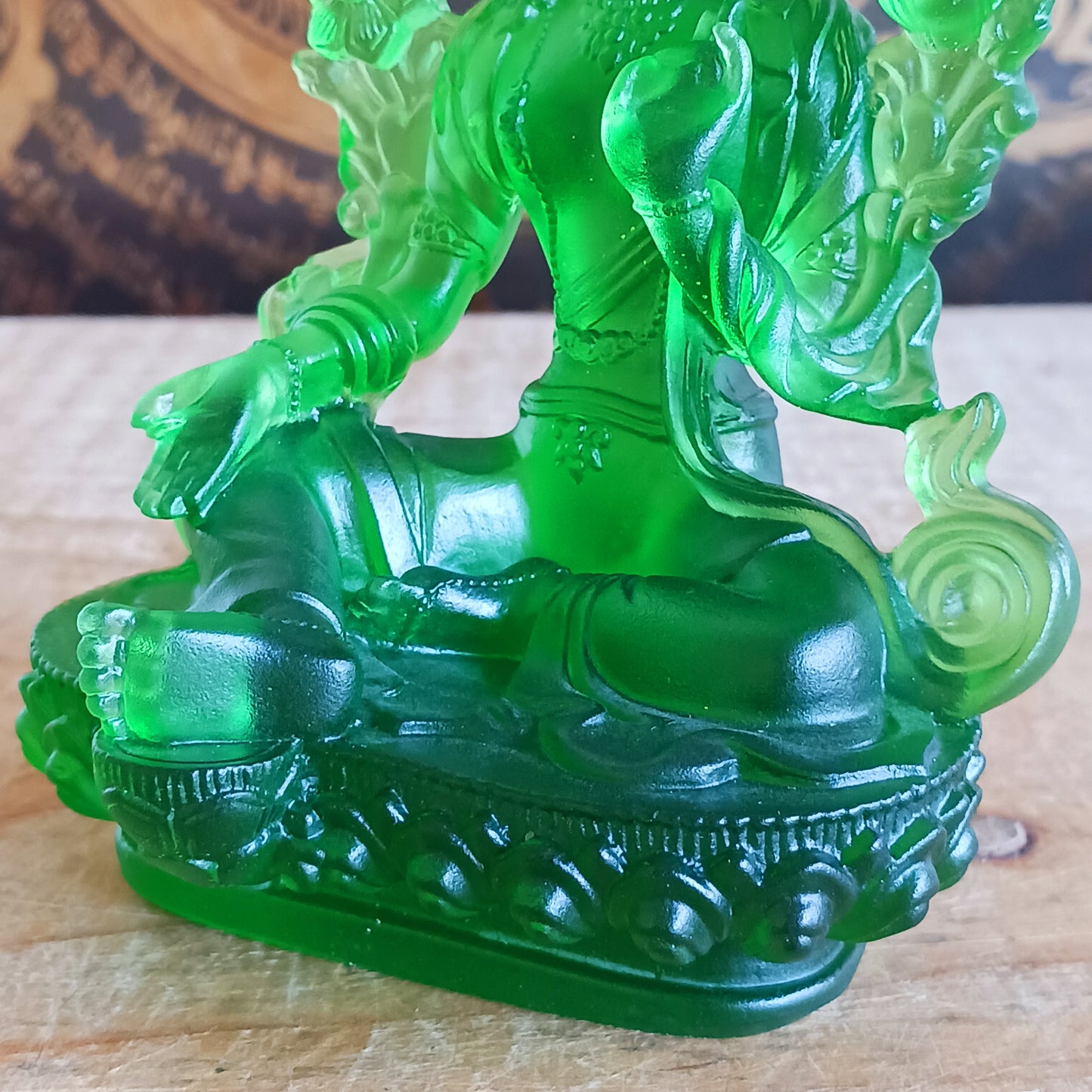 Bring serenity and divine feminine energy into your space with this stunning transparent Green Tara statue, crafted from high-quality glazed glass. Known as the "Mother of all Mothers," Green Tara represents compassion in action. Her graceful posture—one leg extended—symbolizes her readiness to help all beings instantly.