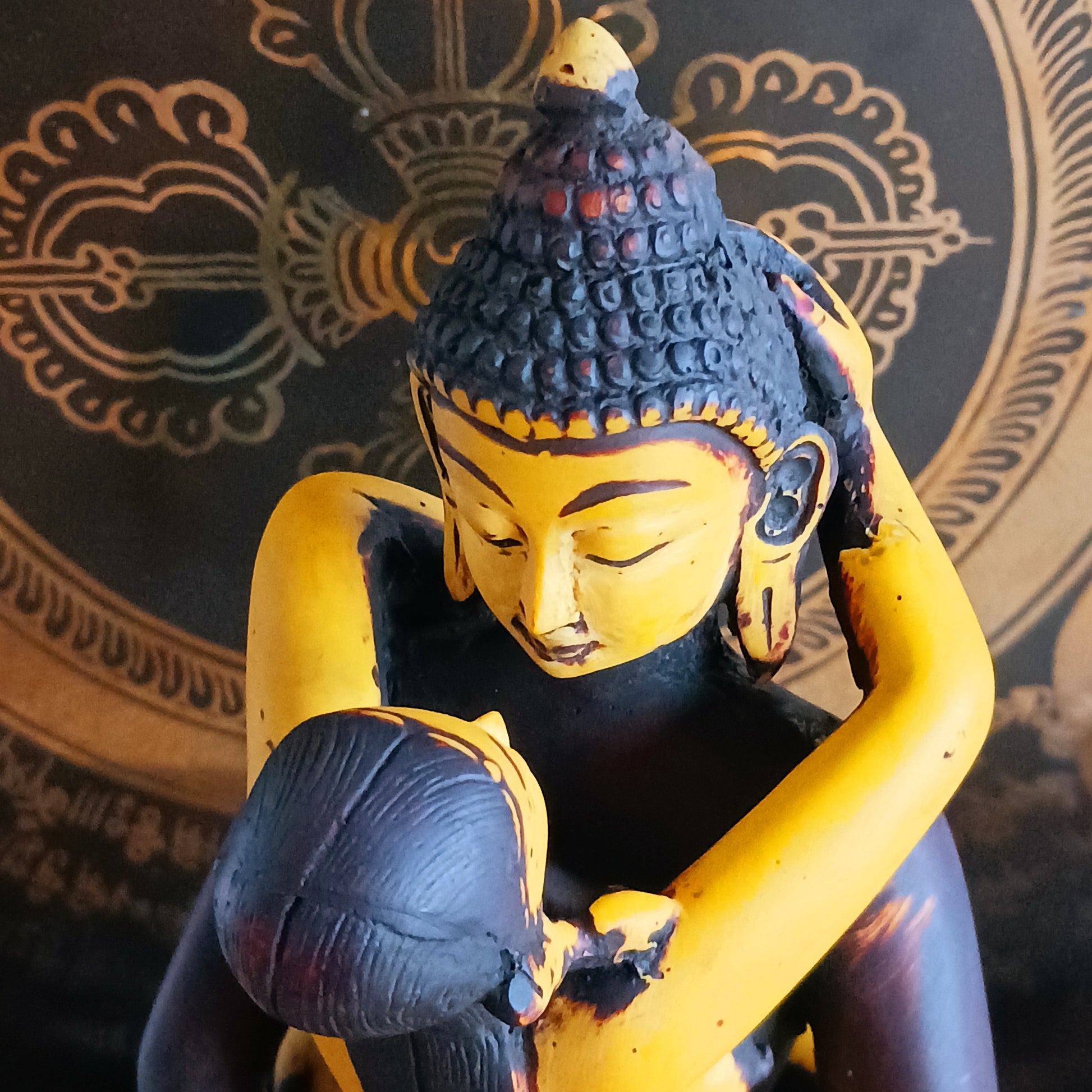 Discover a uniquely crafted Buddha and Shakti Embracing Statue, cast in high-quality resin and hand-painted in rich maroon and yellow tones. Sculpted by skilled Nepalese artisans, this extraordinary piece portrays the sacred union of Samantabhadra and his consort—a symbolic representation of harmony, balance, and the inseparable connection between wisdom and compassion.