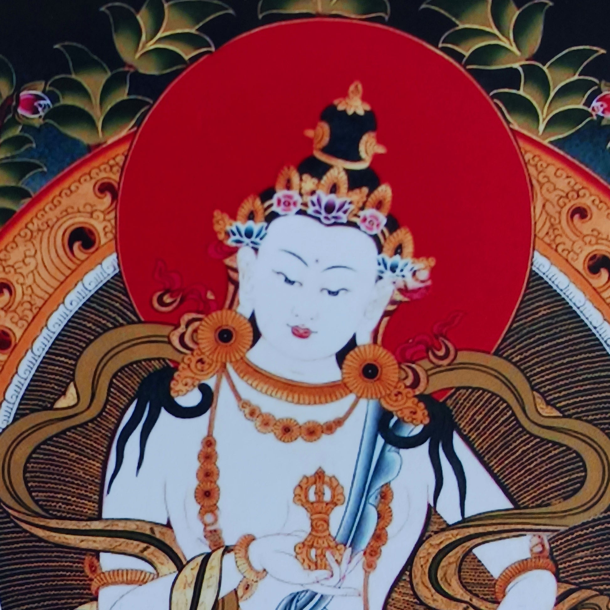 Small Vajrasattva thangka with silk brocade frame. A sacred symbol of purification in Tibetan Buddhism. Ideal for altars, gifts, or meditation practice.