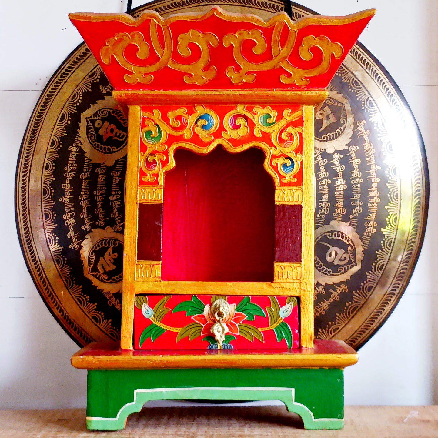 Perfect as a centre piece to any home alter or shrine, this beautifully handmade Tibetan style Alter Box will house any statue of a deity beautifully.
