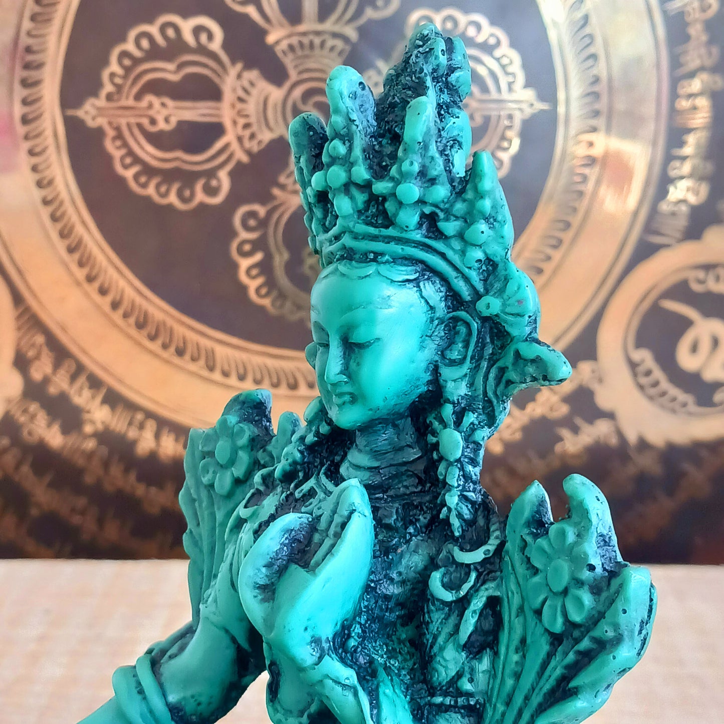 Bold green resin Green Tara statue with symbolic mudras. A powerful spiritual accent for home, altar, or gift.