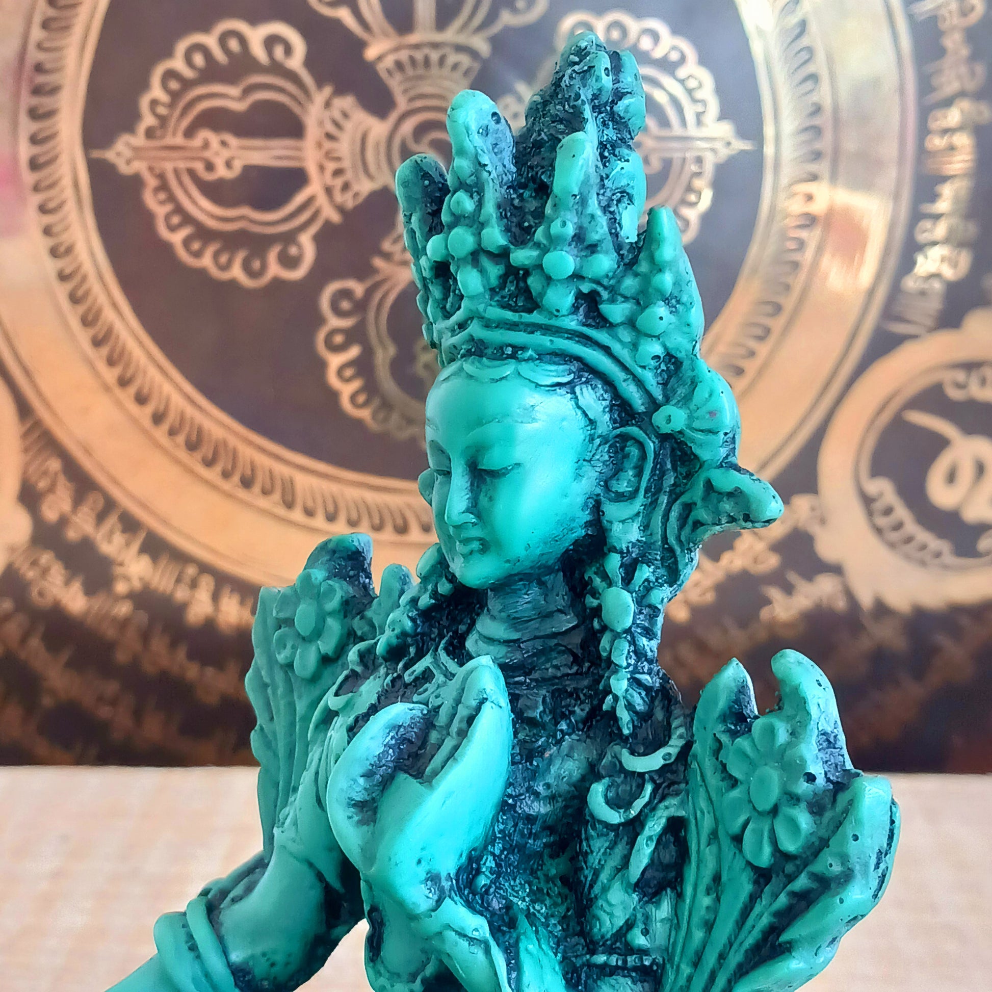Bold green resin Green Tara statue with symbolic mudras. A powerful spiritual accent for home, altar, or gift.