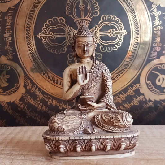 Bring serenity and protection into your space with this exquisite Buddha Amogasiddhi statue. Handcrafted with intricate detailing, this statue represents one of the Five Dhyani Buddhas, embodying the Wisdom of Unfailing Accomplishment.