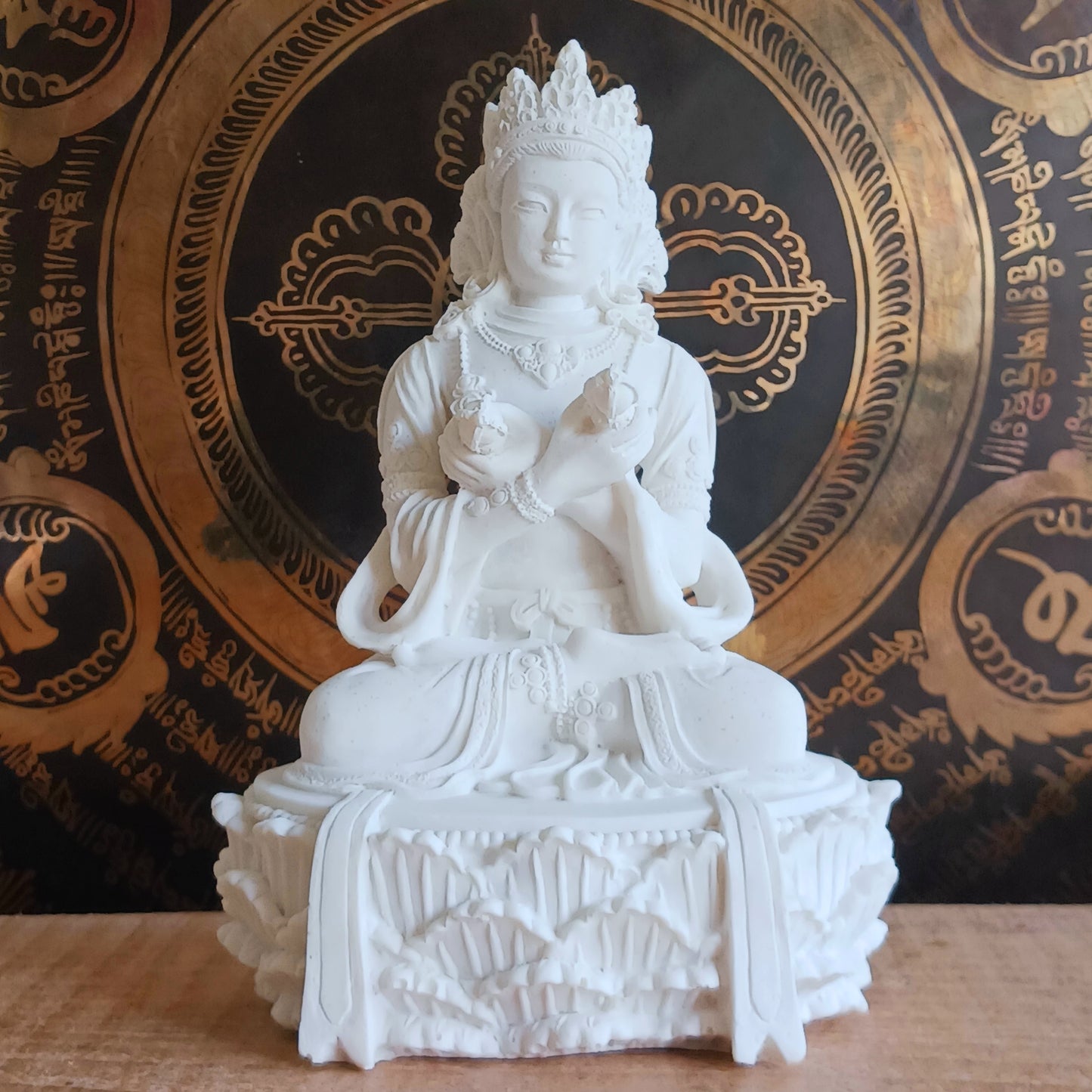 Bring harmony, wisdom, and spiritual balance into your space with this White Tara Statue with Bell &amp; Dorje. A cherished symbol in Buddhist tradition, White Tara represents purity, compassion, and enlightened energy.