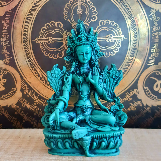 Bold green resin Green Tara statue with symbolic mudras. A powerful spiritual accent for home, altar, or gift.