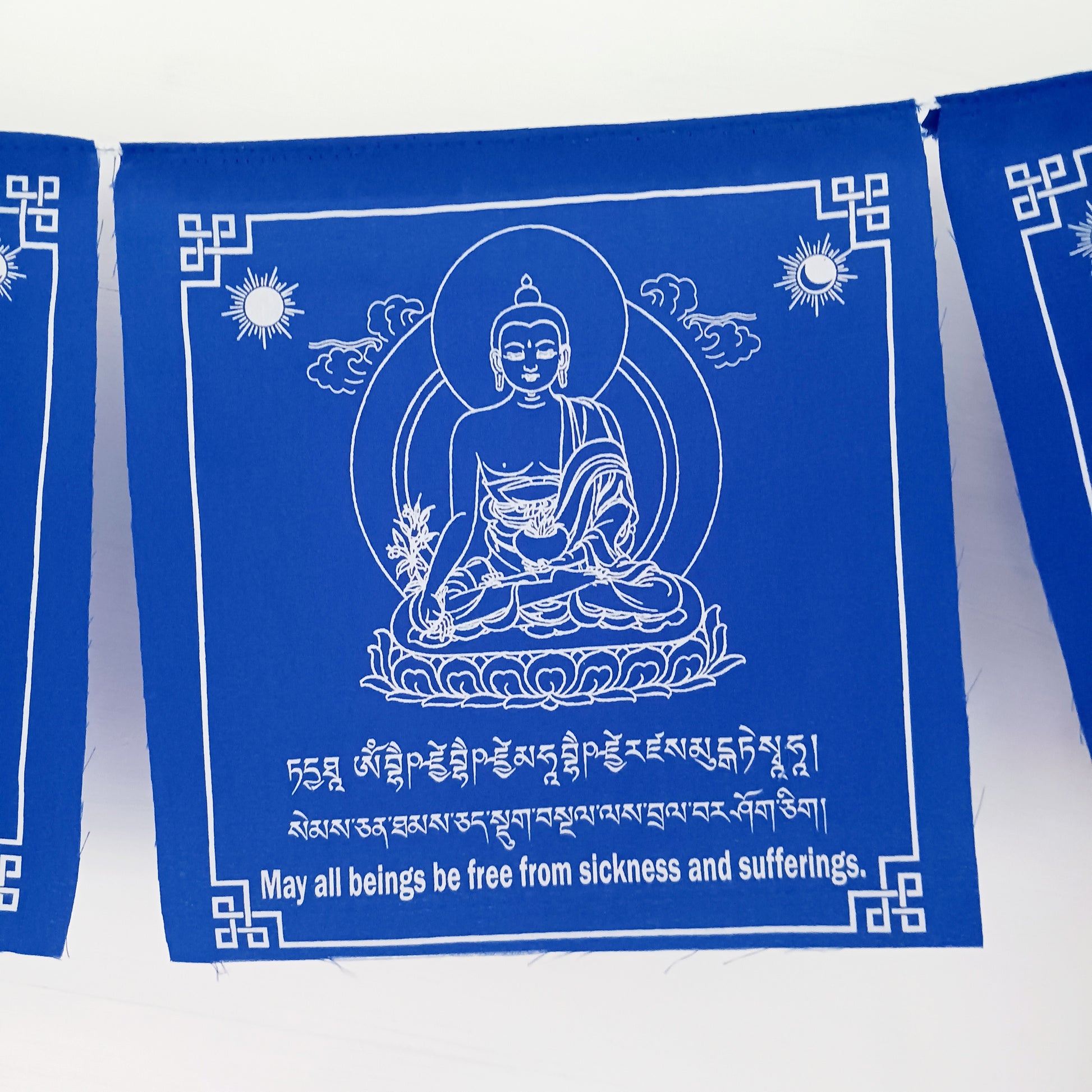 Hang these vibrant prayer flags in your space to invoke the blessings of Medicine Buddha and cultivate an atmosphere of healing and serenity. Outside, as the flags flutter in the wind, they carry the divine energy and healing vibrations, spreading their transformative power throughout your surroundings.