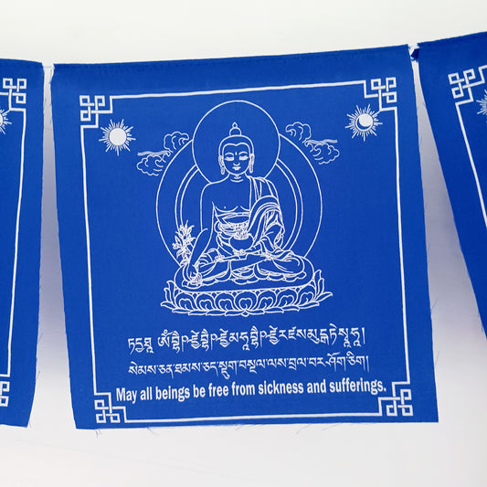 Hang these vibrant prayer flags in your space to invoke the blessings of Medicine Buddha and cultivate an atmosphere of healing and serenity. Outside, as the flags flutter in the wind, they carry the divine energy and healing vibrations, spreading their transformative power throughout your surroundings.