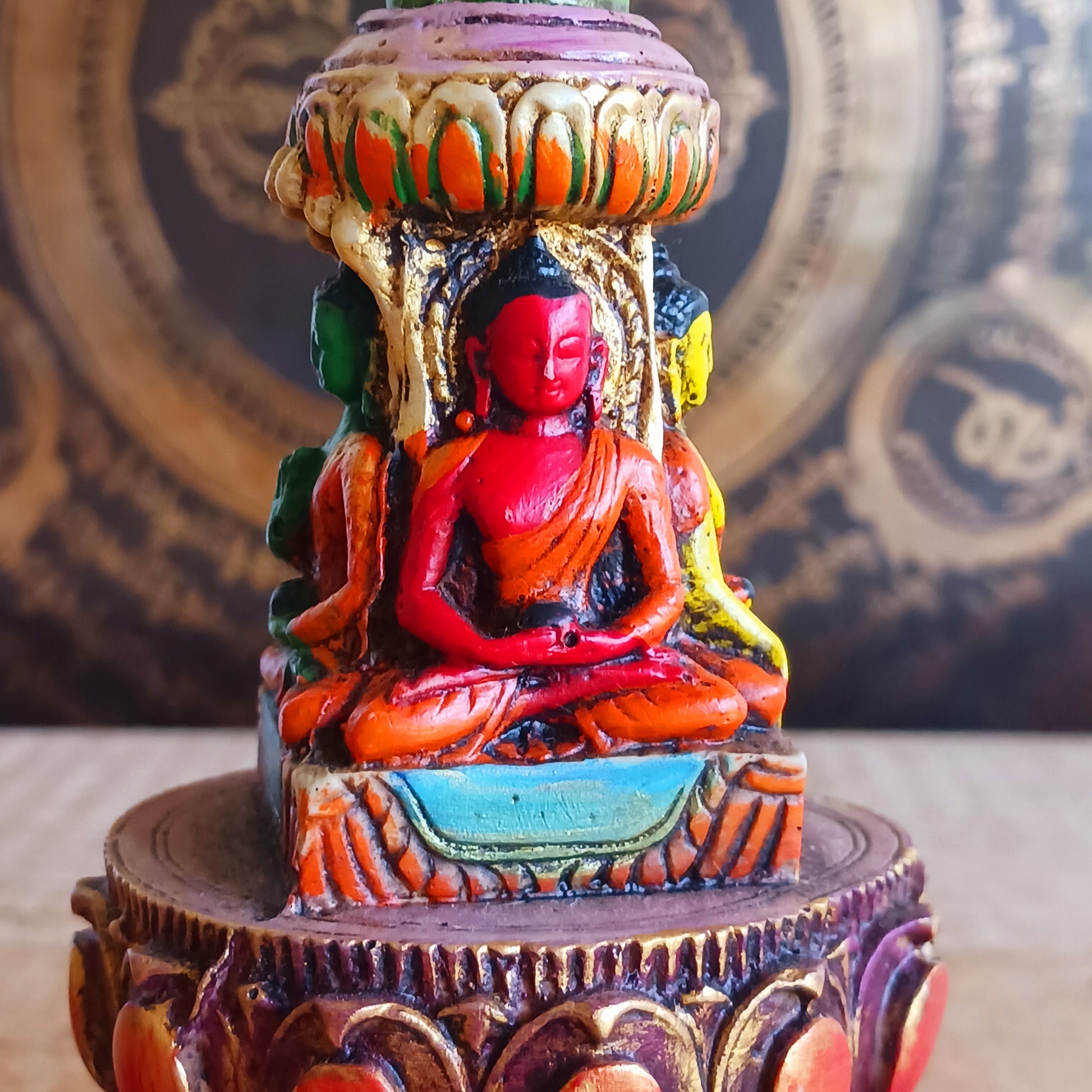 Bring serenity and spiritual symbolism into your space with this unique hand-painted Meditating Buddha Resin Stupa. Crafted with exquisite attention to detail, each piece is adorned in vibrant, uplifting colours that highlight its sacred design.