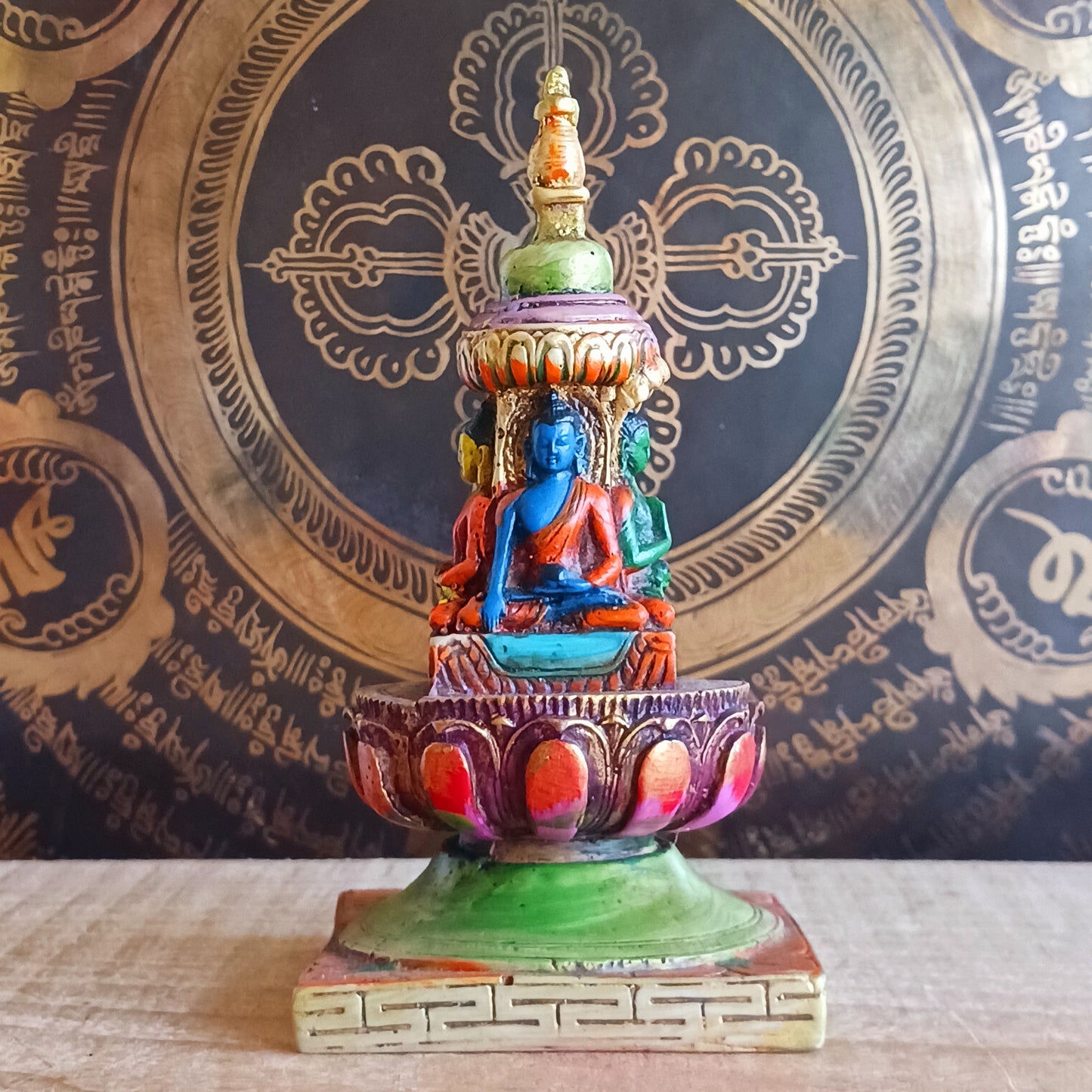 Bring serenity and spiritual symbolism into your space with this unique hand-painted Meditating Buddha Resin Stupa. Crafted with exquisite attention to detail, each piece is adorned in vibrant, uplifting colours that highlight its sacred design.