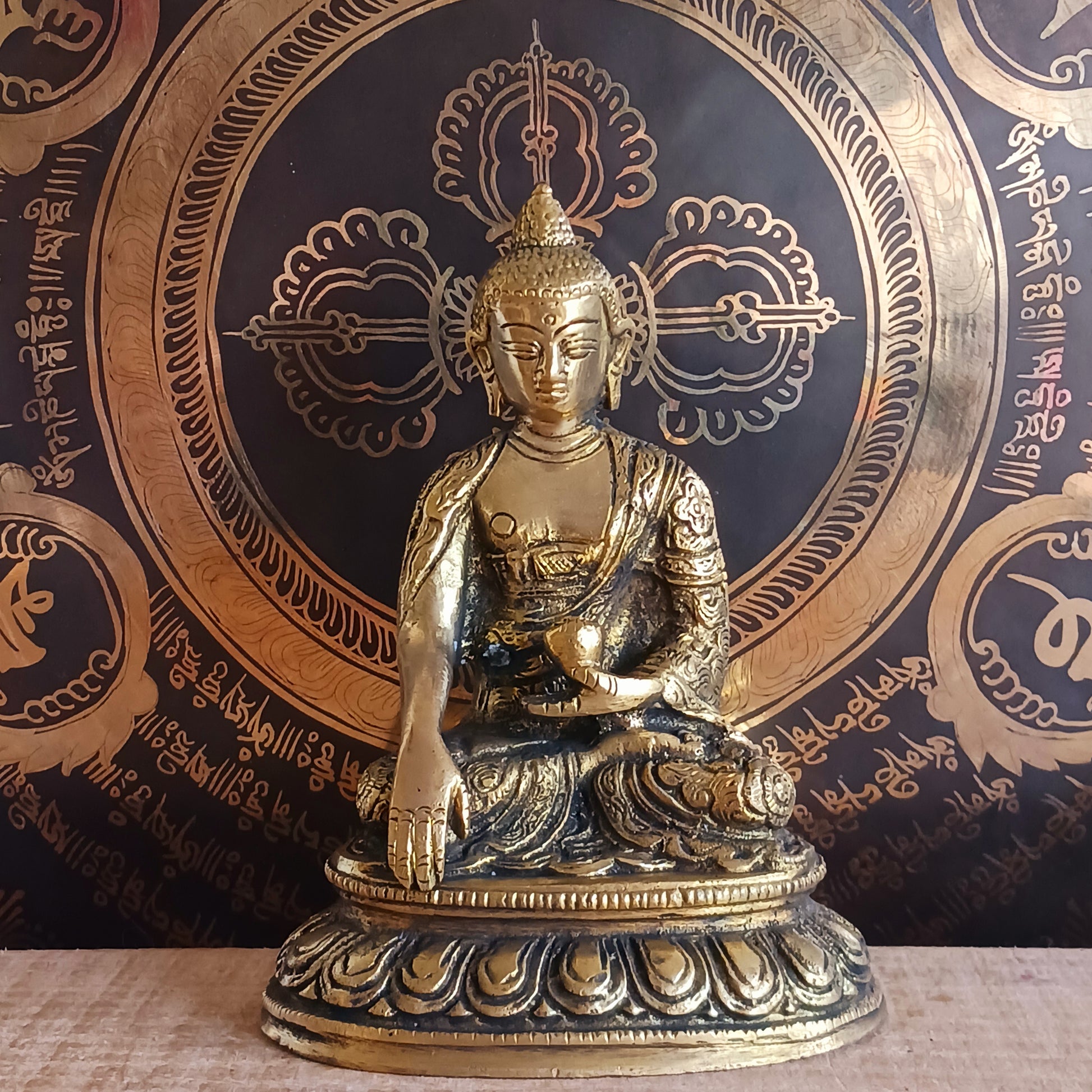 Elevate your spiritual space with this exquisite Akshobya Buddha statue, expertly cast in heavy brass and engraved with intricate detail. Representing one of the five Dhyani Buddhas, Akshobya is visualized in blue and associated with the heart chakra, symbolizing the transformation of anger and sadness into love and compassion.